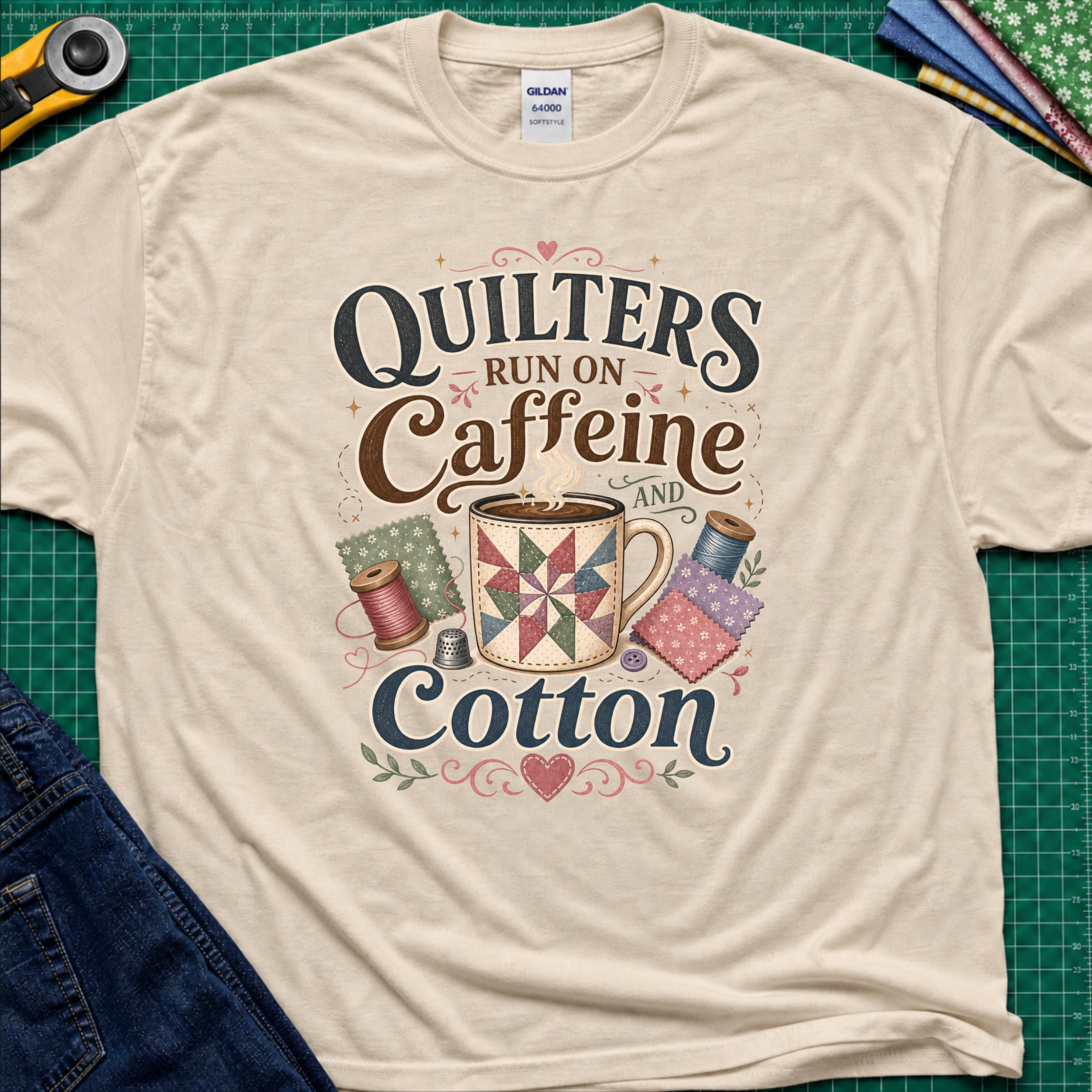 A dark cream Gildan t-shirt with a colorful graphic reading 'Quilters Run on Caffeine and Cotton' with a quilted mug and spools of thread. The shirt lays on a green cutting mat with rotary cutter, fabric stack and jeans partially visible in the corners.