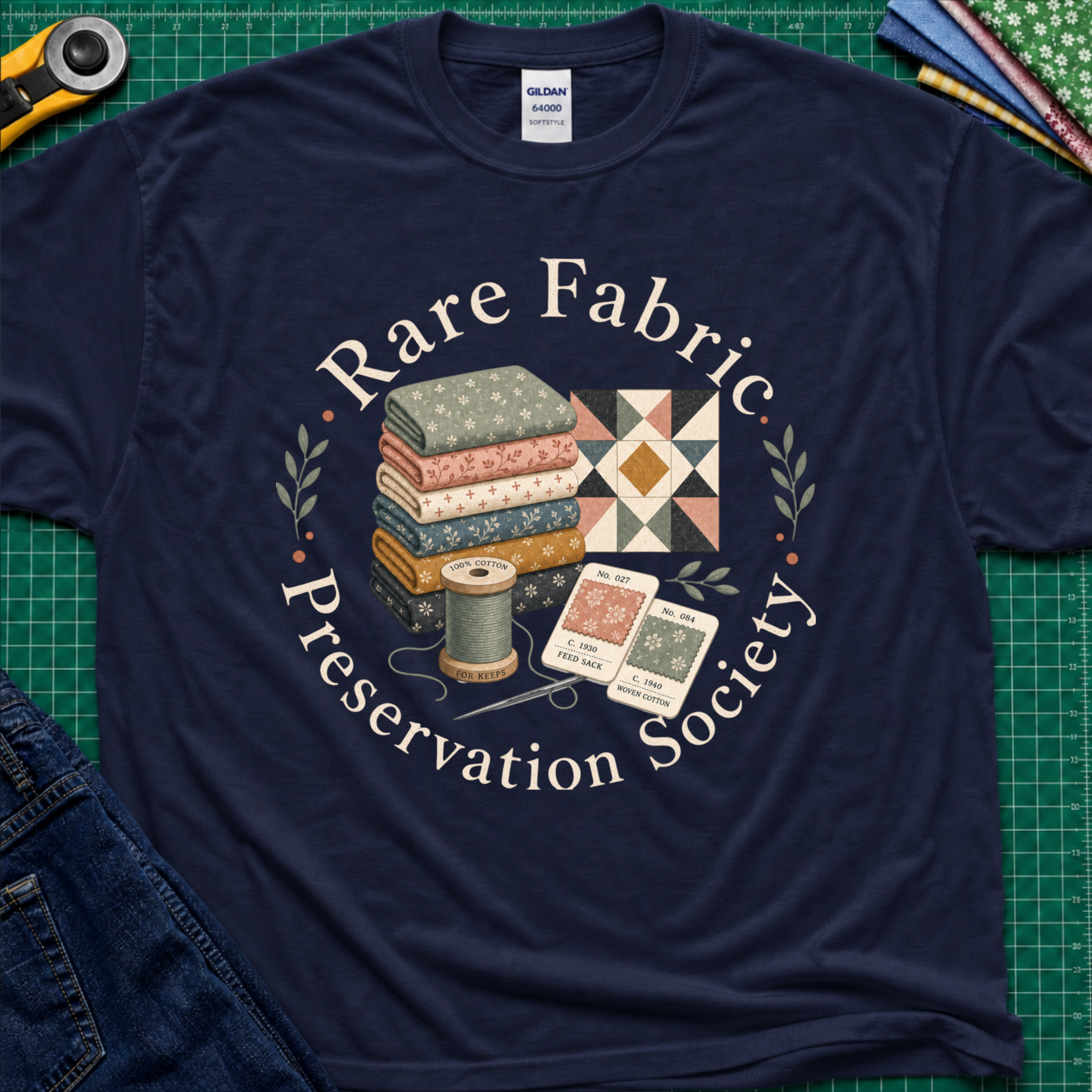 A navy blue t-shirt reading 'Rare Fabric Preservation Society' around stacked quilt fabrics, thread spool, and swatch cards. The shirt is laid flat on a green cutting mat with sewing tools and jeans partially visible around it.