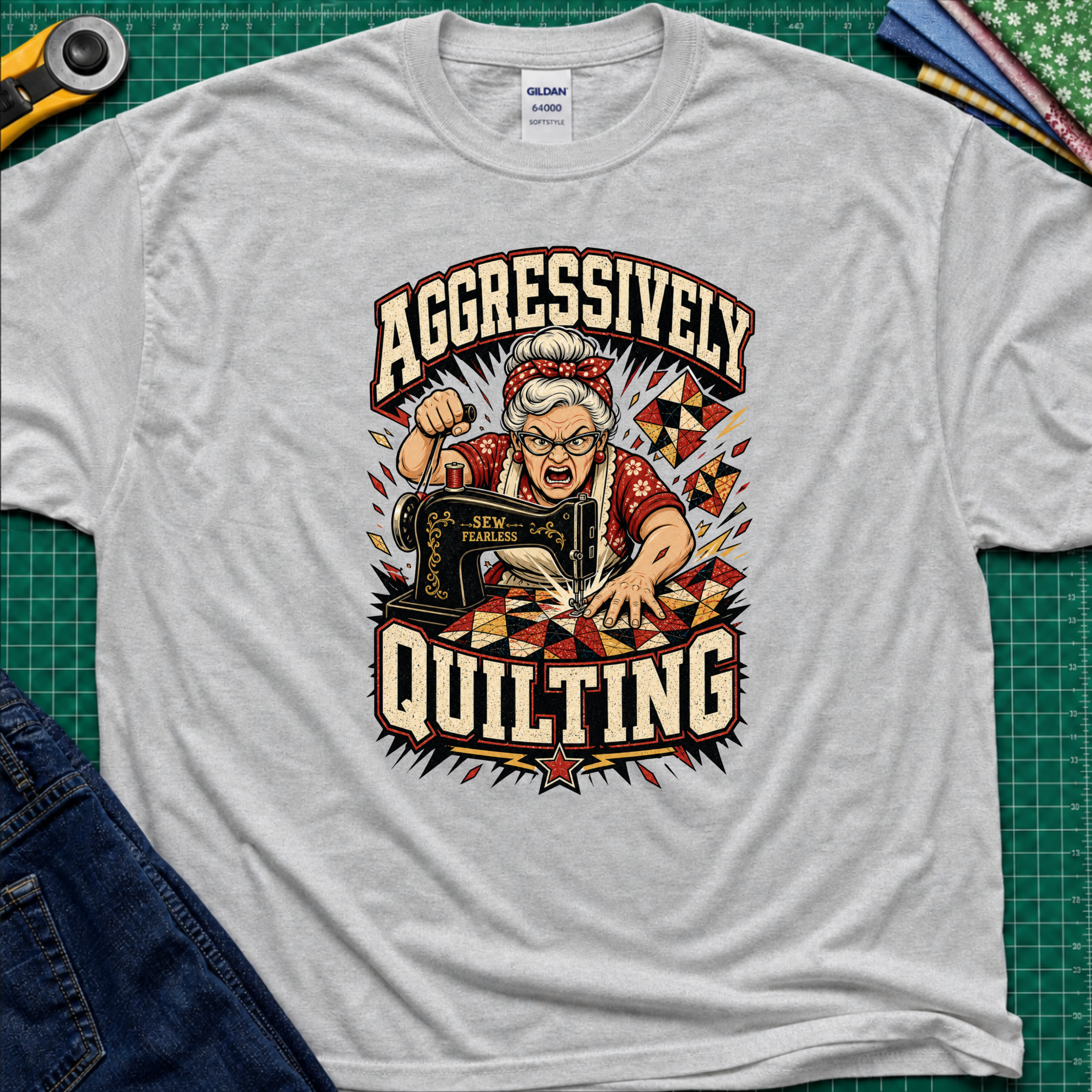 A light sports grey Gildan t-shirt laid flat on a green cutting mat, featuring a retro-style graphic of an elderly woman enthusiastically quilting with a sewing machine. The graphic includes the words 'AGGRESSIVELY QUILTING' in bold cream lettering.
