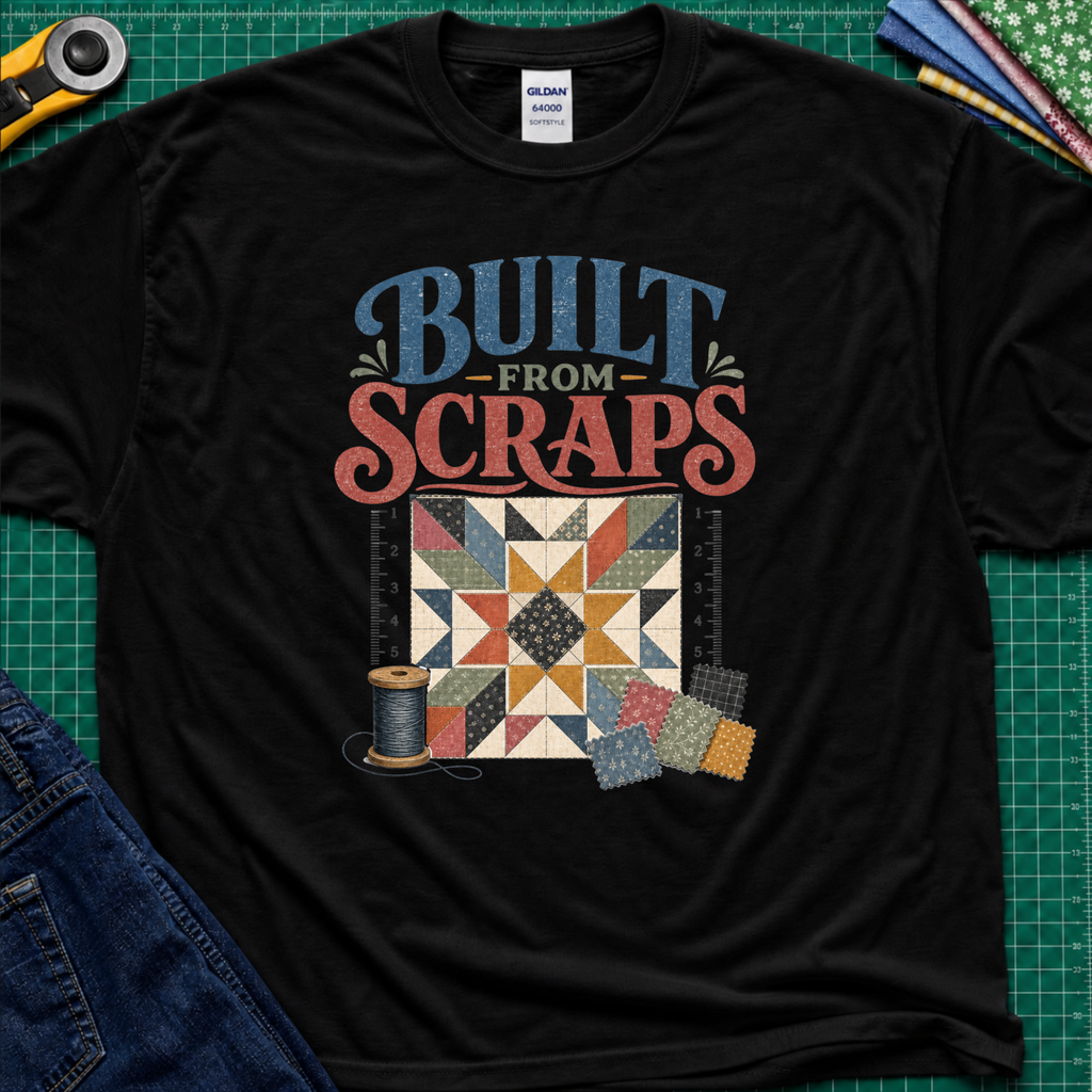 A black Gildan t-shirt with a retro-style quilt graphic and the text 'BUILT FROM SCRAPS' in blue and coral. The shirt is styled in a flat-lay on a green cutting mat with sewing tools and fabric.