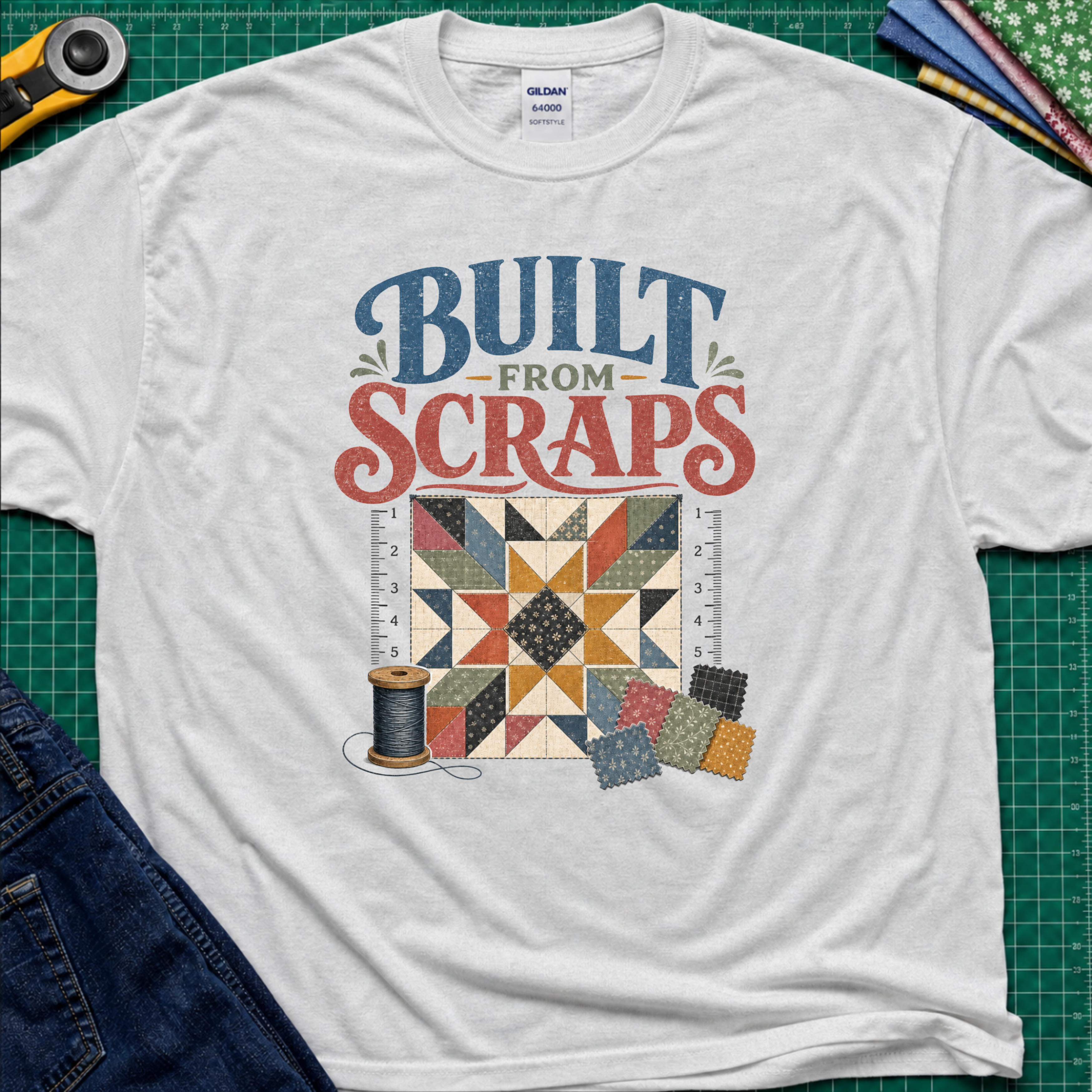 An ice grey  Gildan t-shirt with a retro-style quilt graphic and the text 'BUILT FROM SCRAPS' in blue and coral. The shirt is styled in a flat-lay on a green cutting mat with sewing tools and fabric.