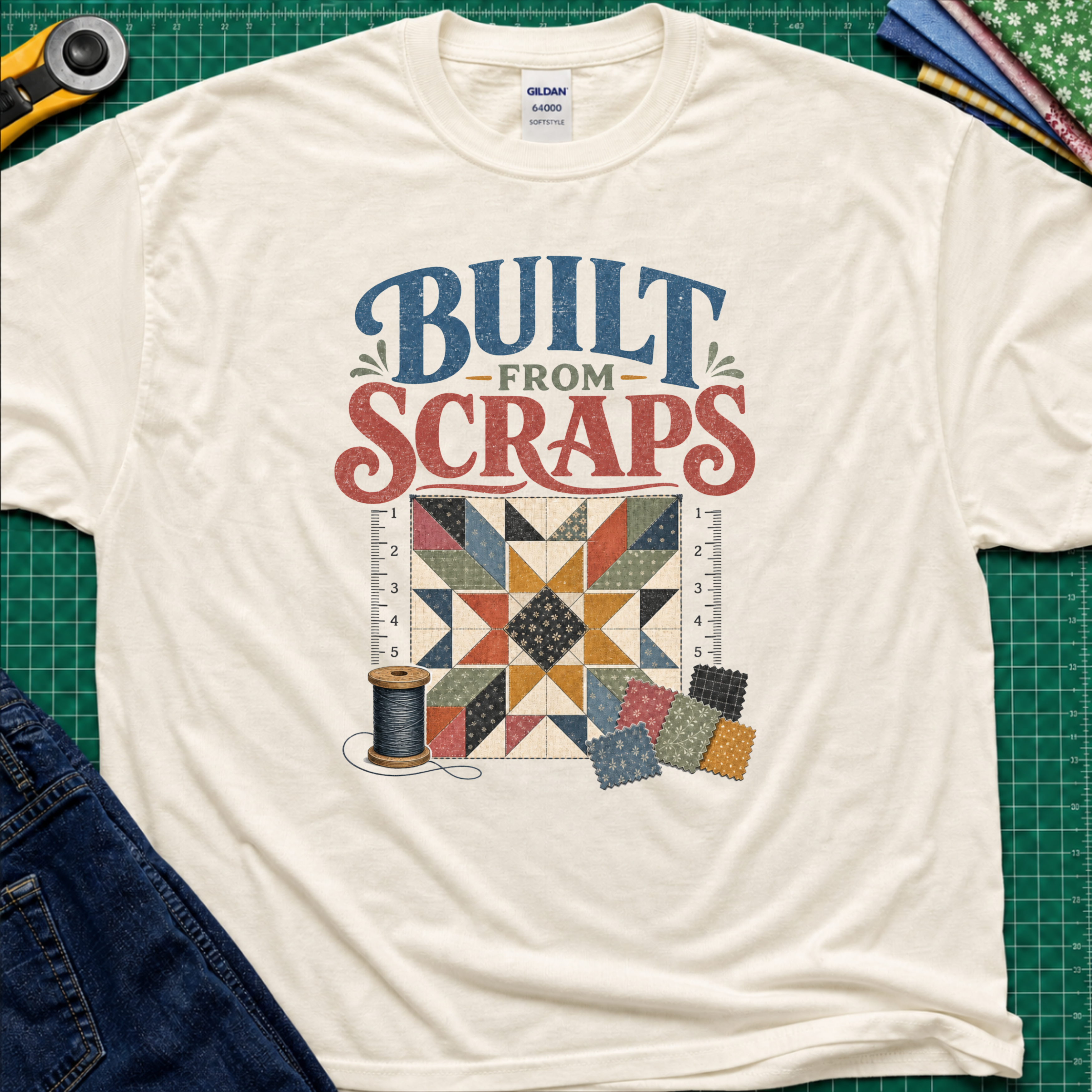 A light cream Gildan t-shirt with a retro-style quilt graphic and the text 'BUILT FROM SCRAPS' in blue and coral. The shirt is styled in a flat-lay on a green cutting mat with sewing tools and fabric.