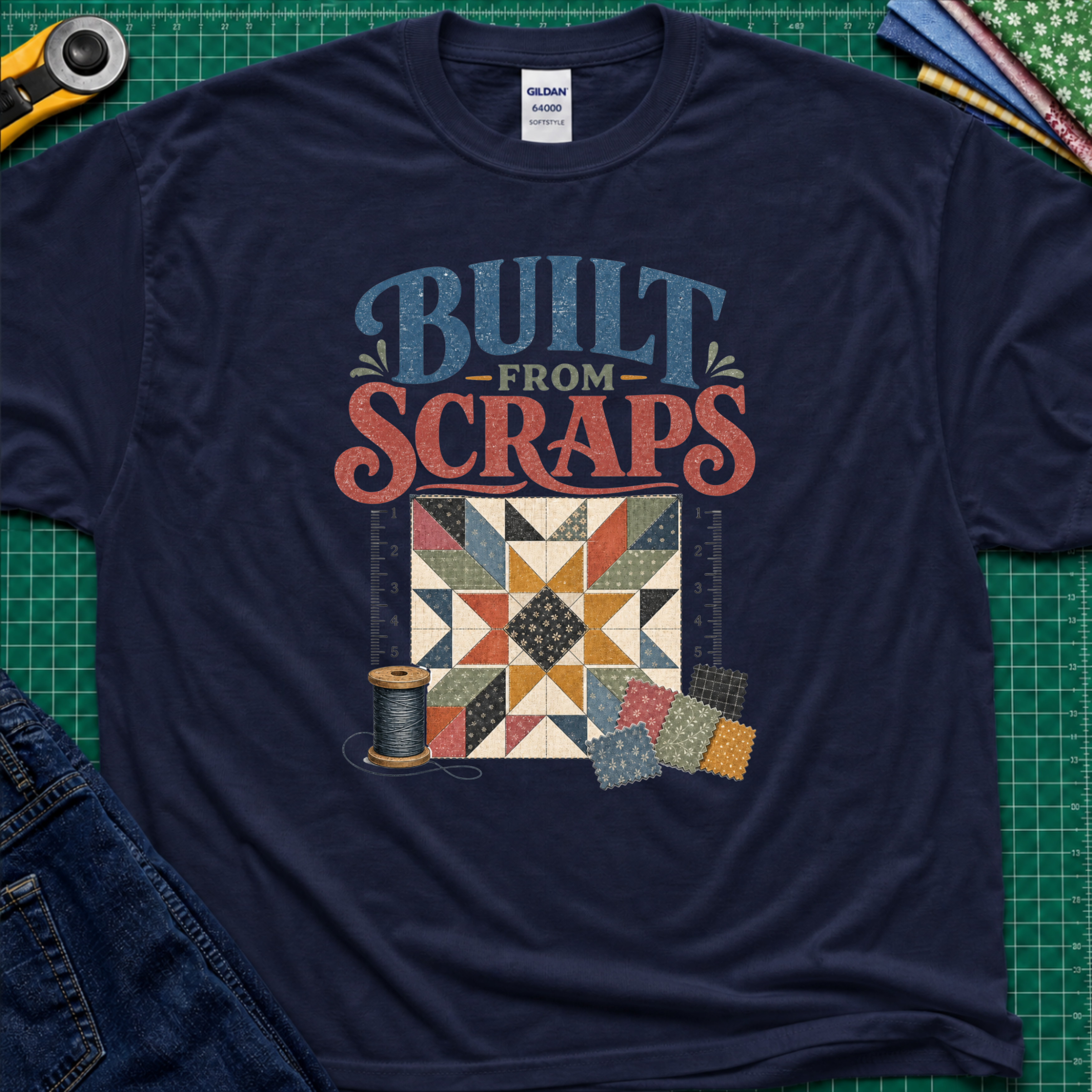 A navy blue Gildan t-shirt with a retro-style quilt graphic and the text 'BUILT FROM SCRAPS' in blue and coral. The shirt is styled in a flat-lay on a green cutting mat with sewing tools and fabric.