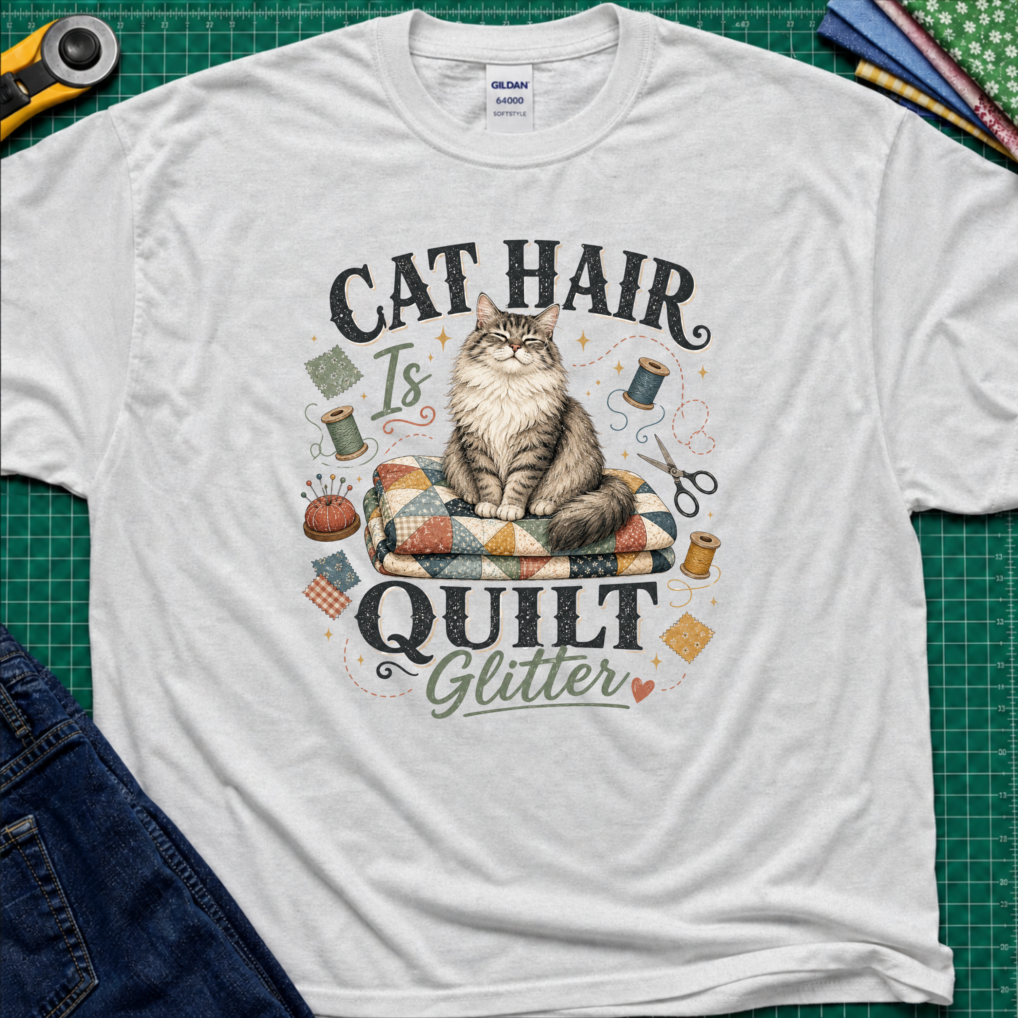 A light grey Gildan t-shirt laid flat on a green cutting mat, featuring a graphic of a fluffy cat sitting on a quilt with the text 'CAT HAIR Is QUILT Glitter' surrounded by sewing-themed illustrations.