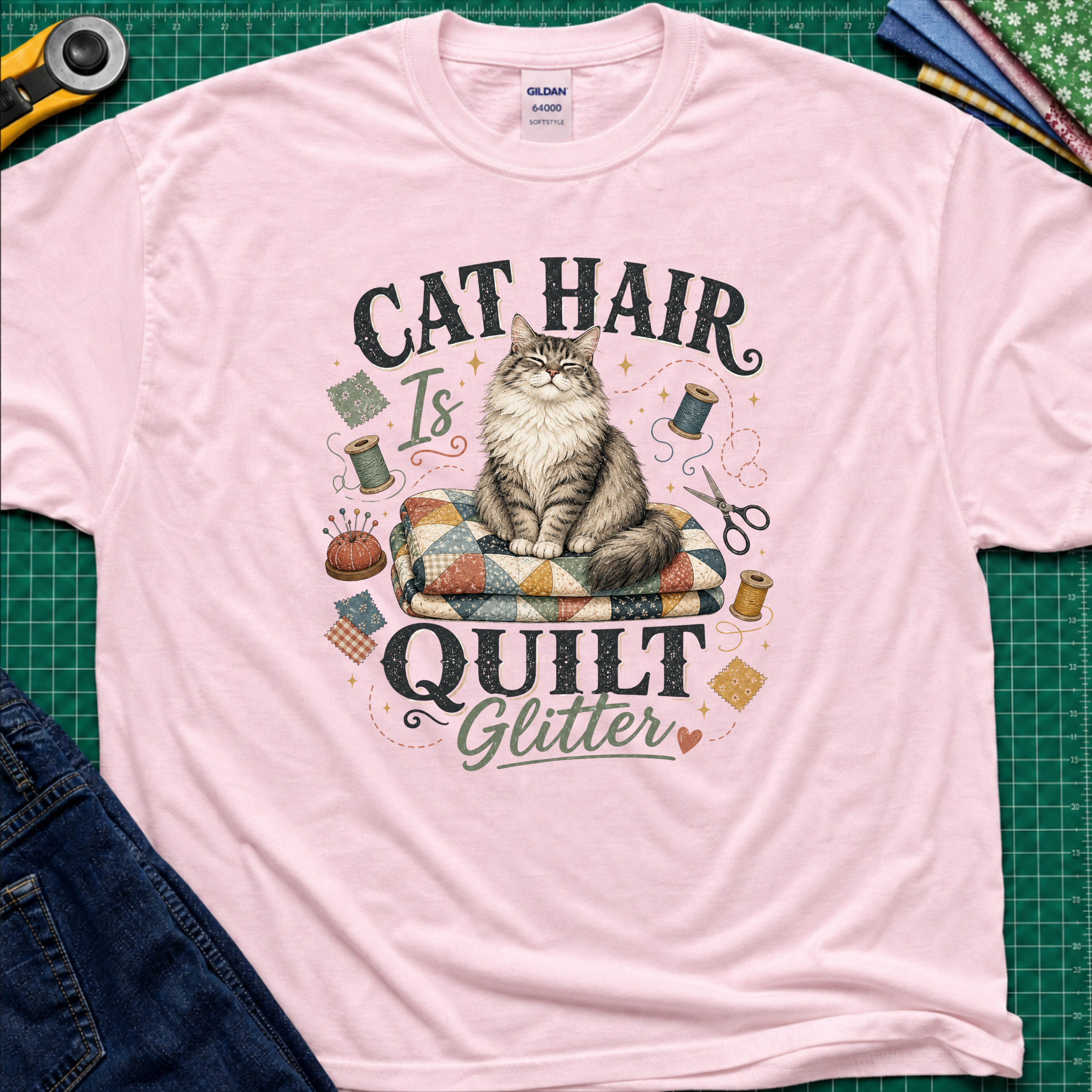 A light pink Gildan t-shirt laid flat on a green cutting mat, featuring a graphic of a fluffy cat sitting on a quilt with the text 'CAT HAIR Is QUILT Glitter' surrounded by sewing-themed illustrations.