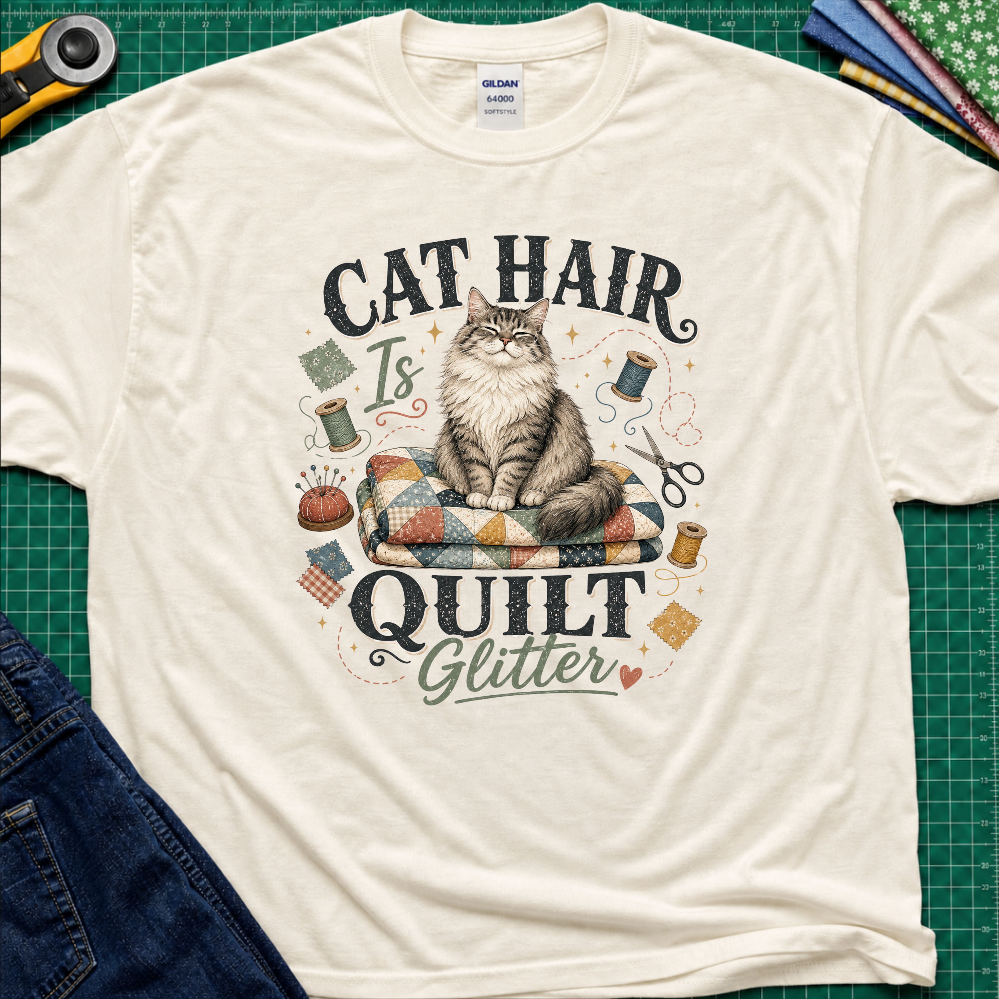 A light cream Gildan t-shirt laid flat on a green cutting mat, featuring a graphic of a fluffy cat sitting on a quilt with the text 'CAT HAIR Is QUILT Glitter' surrounded by sewing-themed illustrations.