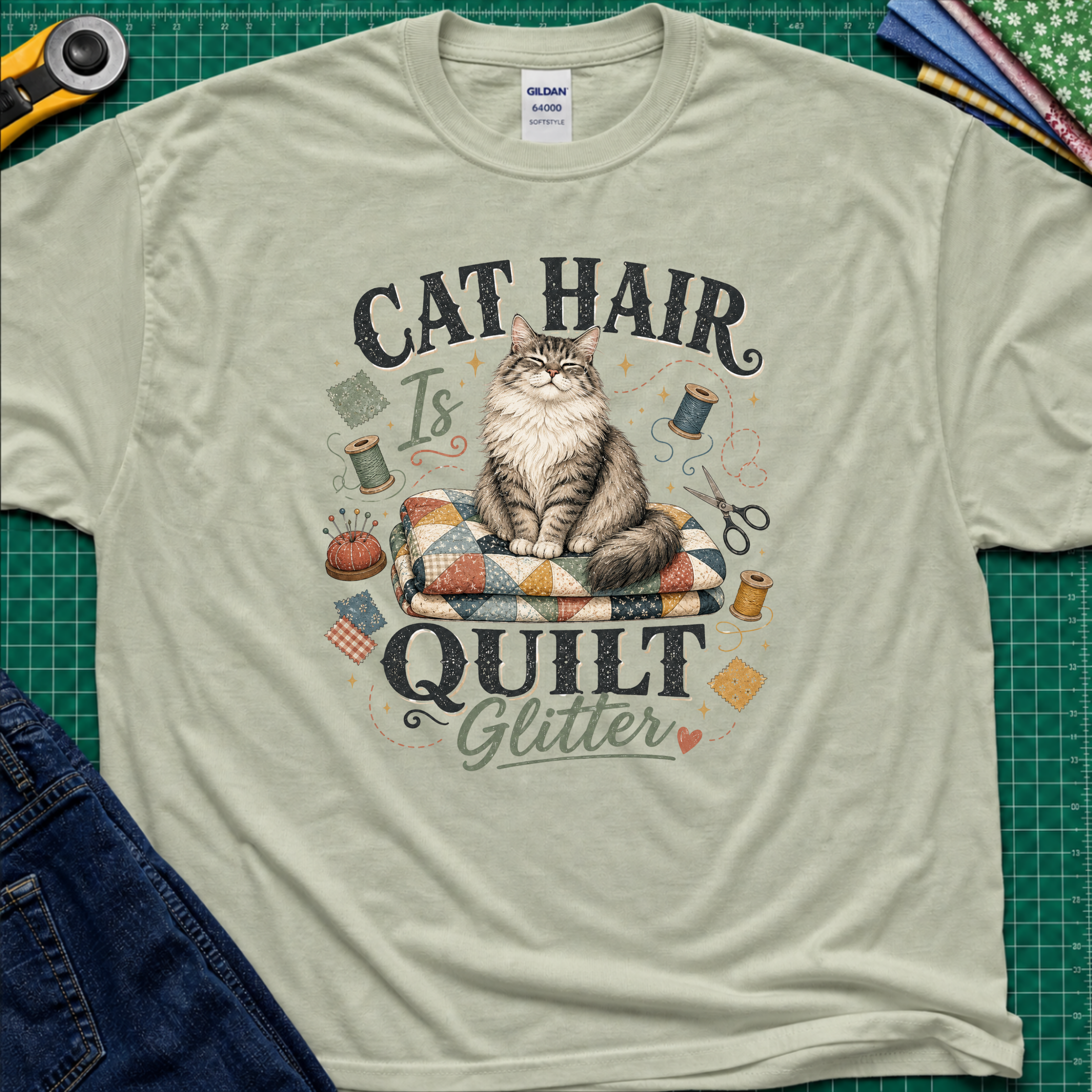 A light sage green Gildan t-shirt laid flat on a green cutting mat, featuring a graphic of a fluffy cat sitting on a quilt with the text 'CAT HAIR Is QUILT Glitter' surrounded by sewing-themed illustrations.