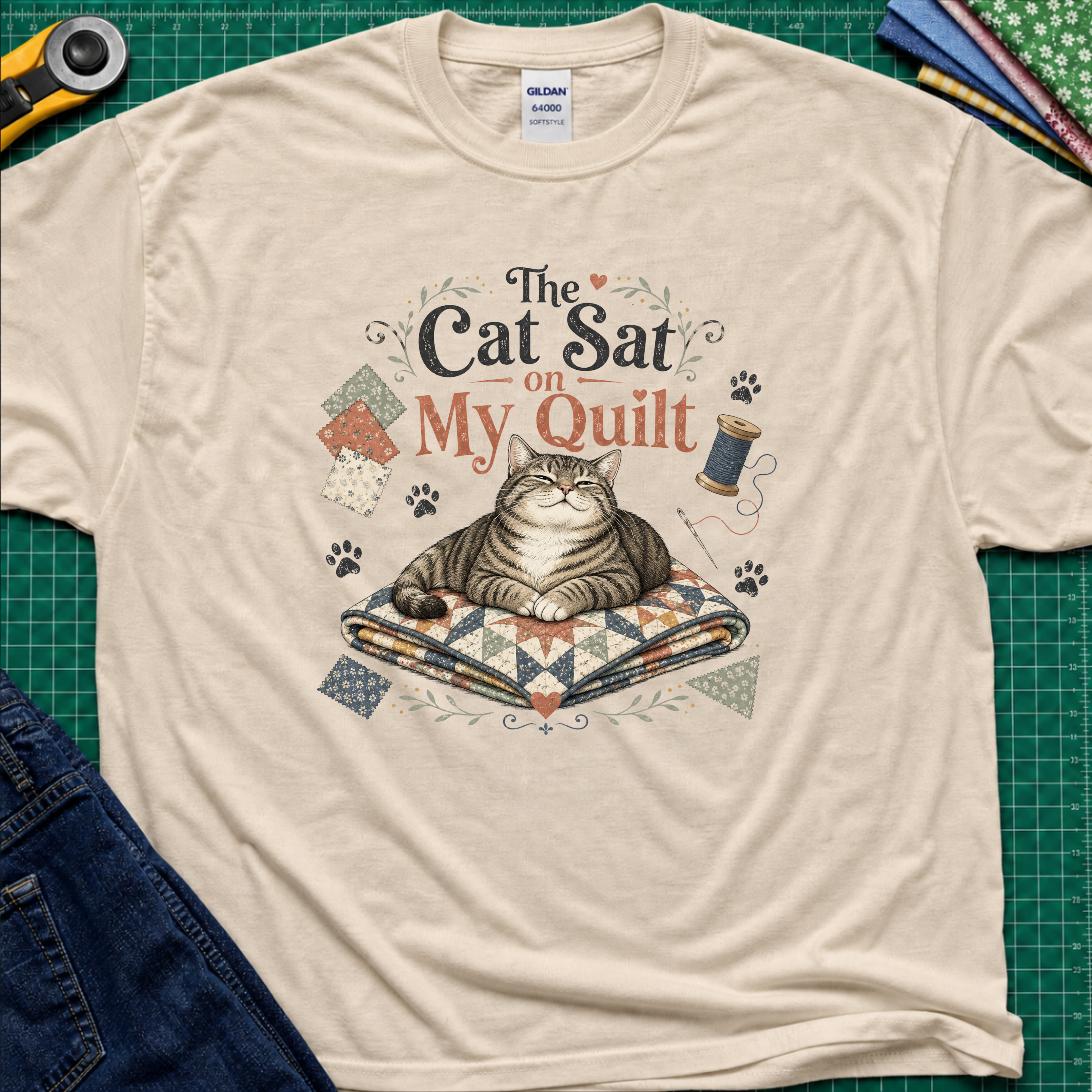 A dark cream Gildan t-shirt laid flat on a green cutting mat, featuring a graphic of a tabby cat resting on a quilted blanket with the text 'The Cat Sat on My Quilt' with paw prints and fabric swatches.