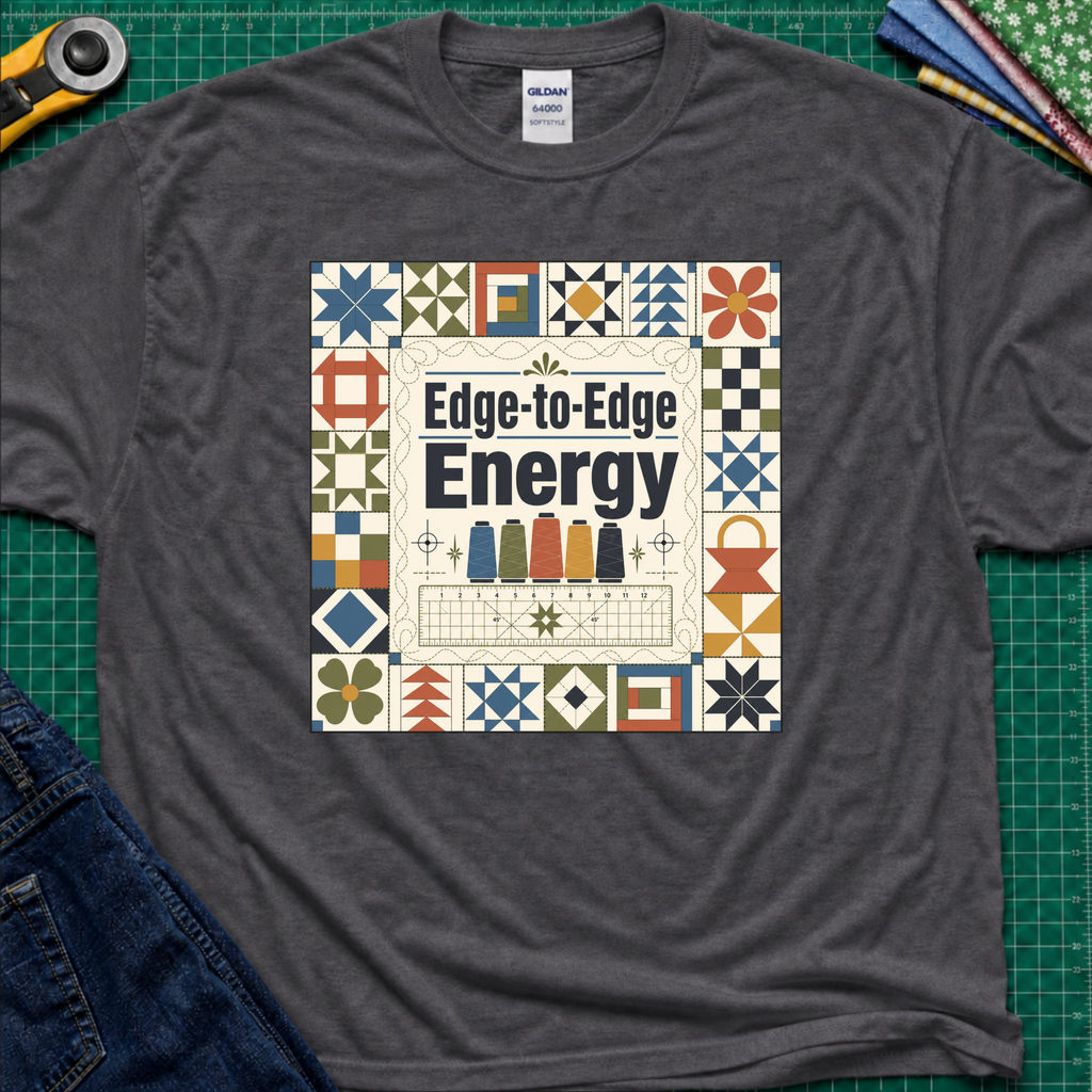 A dark heather grey Gildan t-shirt featuring the text 'Edge-to-Edge Energy' in the center, surrounded by quilt blocks. The t-shirt lays flat on a green cutting mat with a rotary cutter, folded fabric stack and blue jeans partially visible in the corners.