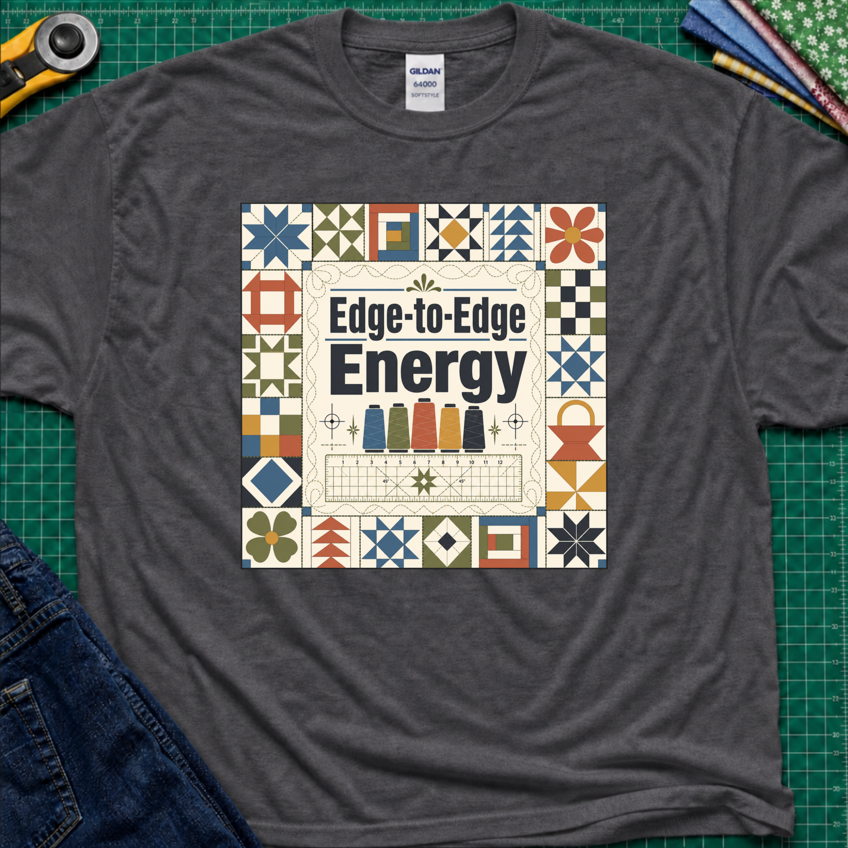A dark heather grey Gildan t-shirt featuring the text 'Edge-to-Edge Energy' in the center, surrounded by quilt blocks. The t-shirt lays flat on a green cutting mat with a rotary cutter, folded fabric stack and blue jeans partially visible in the corners.