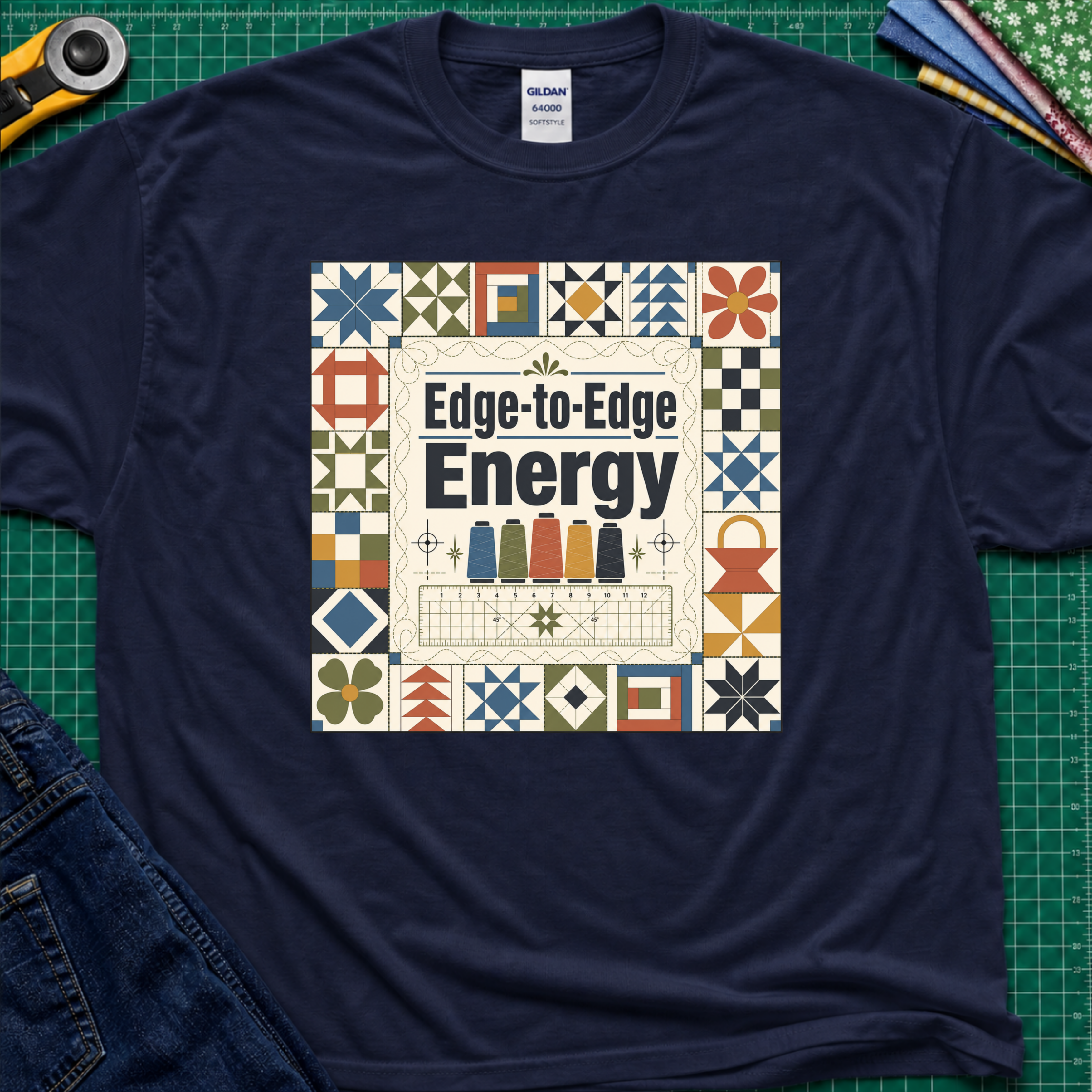 A navy blue Gildan t-shirt featuring the text 'Edge-to-Edge Energy' in the center, surrounded by quilt blocks. The t-shirt lays flat on a green cutting mat with a rotary cutter, folded fabric stack and blue jeans partially visible in the corners.