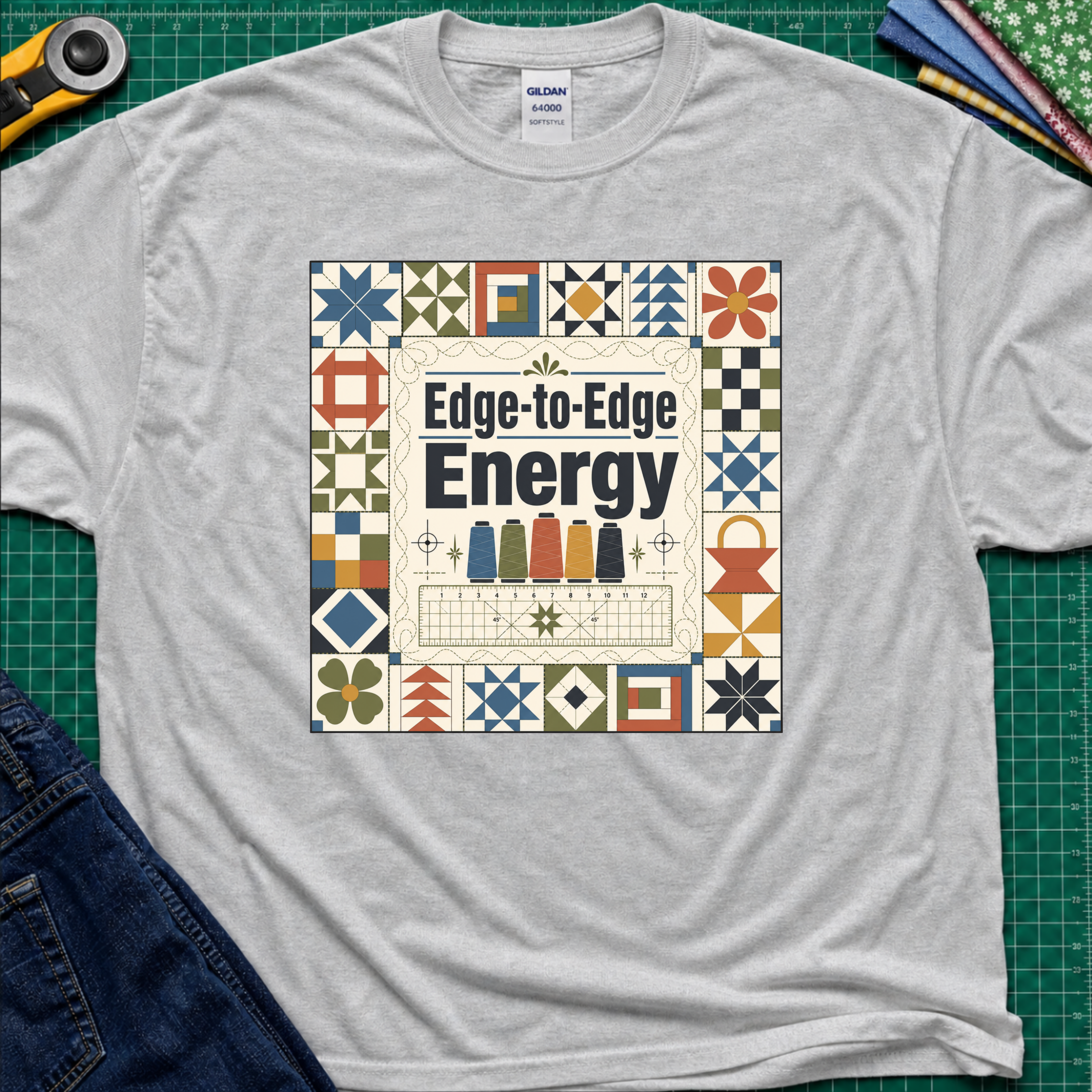 A light sports grey green Gildan t-shirt featuring the text 'Edge-to-Edge Energy' in the center, surrounded by quilt blocks. The t-shirt lays flat on a green cutting mat with a rotary cutter, folded fabric stack and blue jeans partially visible in the corners.