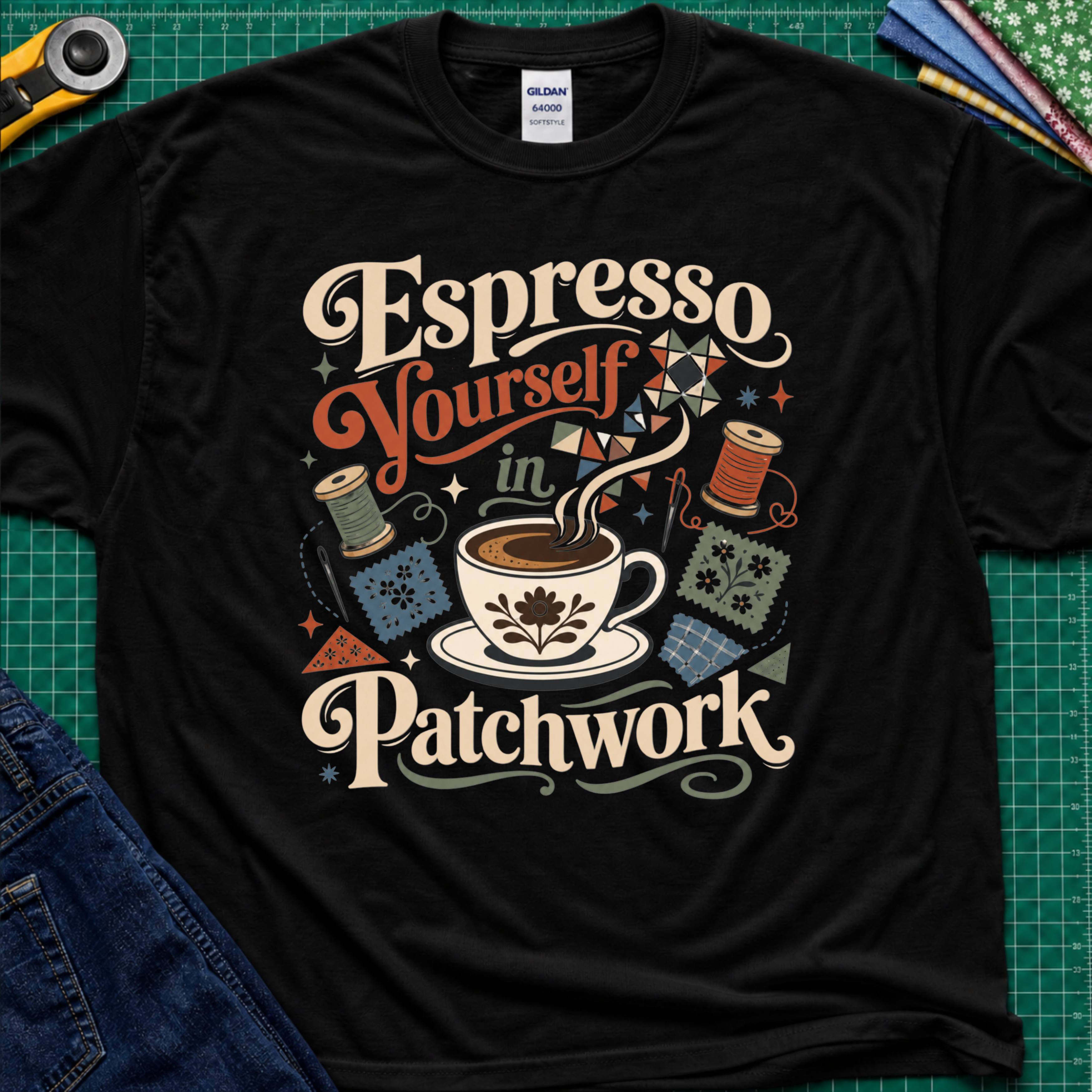 An black Gildan t-shirt with a colorful retro graphic that reads 'Espresso Yourself in Patchwork' around an illustration of a coffee cup, fabric swatches and cotton reels. It is laid flat on a green cutting mat with a rotary cutter, fabric stack and blue jeans partially visible in the corners.