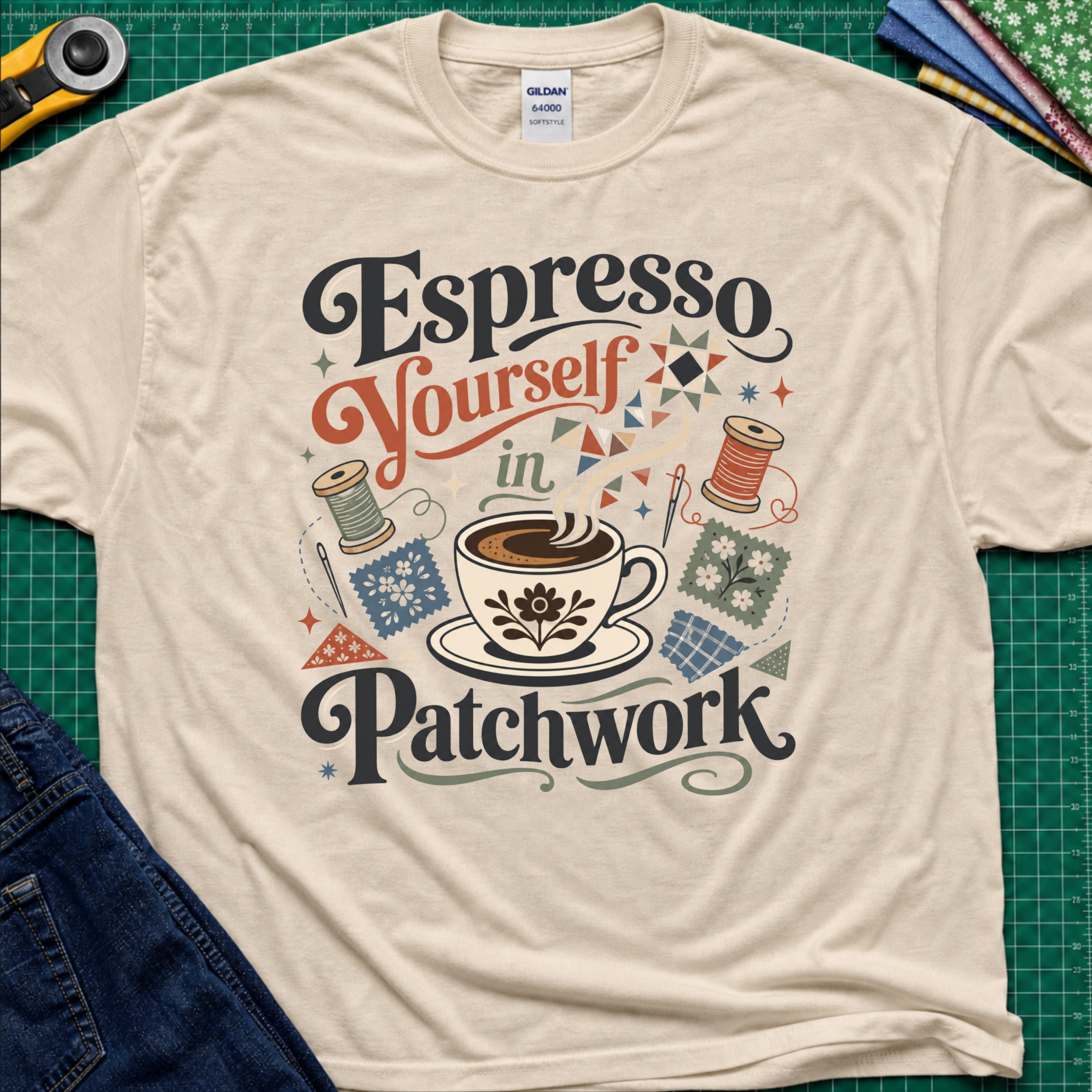 An dark cream Gildan t-shirt with a colorful retro graphic that reads 'Espresso Yourself in Patchwork' around an illustration of a coffee cup, fabric swatches and cotton reels. It is laid flat on a green cutting mat with a rotary cutter, fabric stack and blue jeans partially visible in the corners.