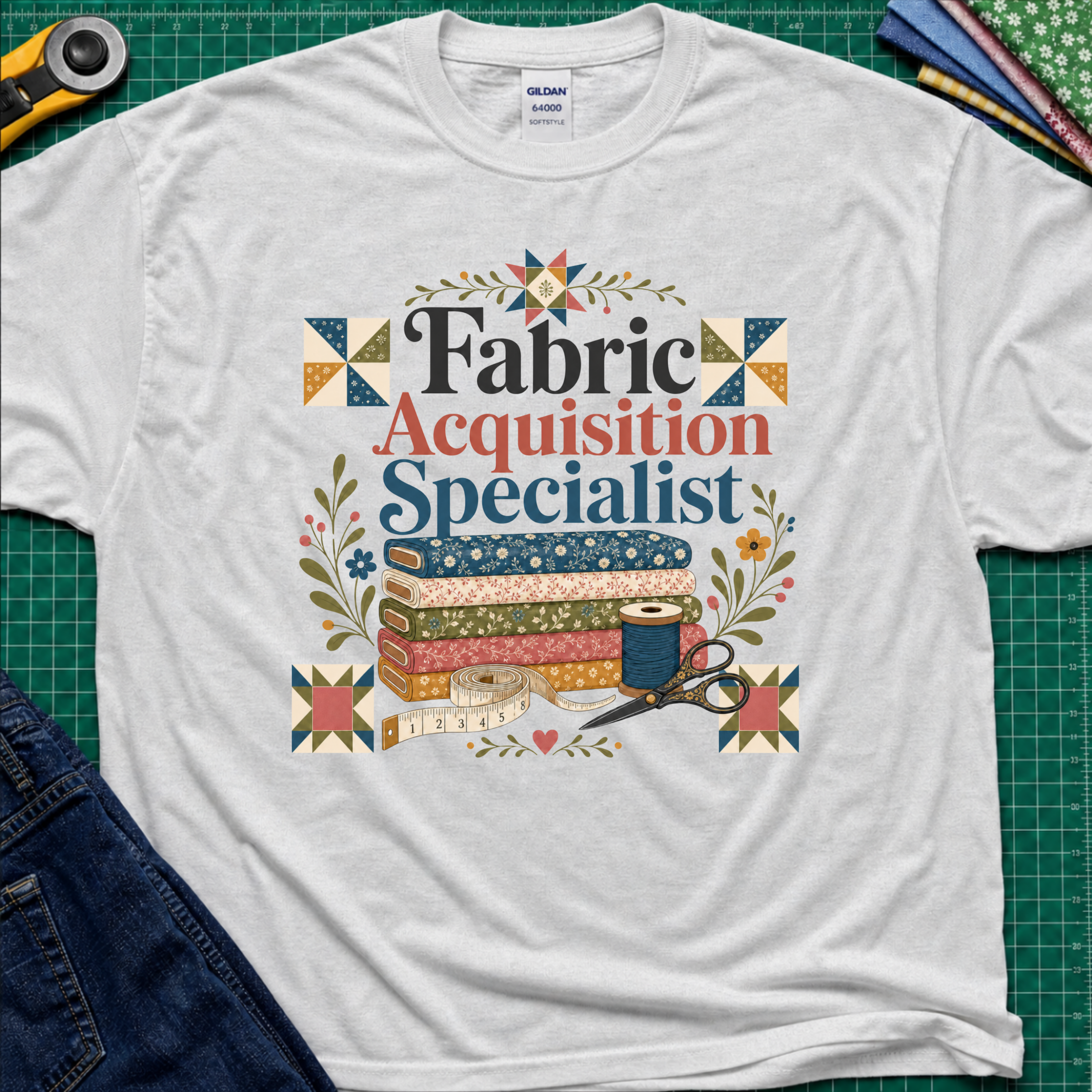 A light grey Gildan t-shirt with a colorful graphic that reads 'Fabric Acquisition Specialist' surrounded by quilting motifs like fabrics, a spool, scissors, and flowers. The shirt is laid flat on a green cutting mat with sewing tools and jeans partially visible around it.