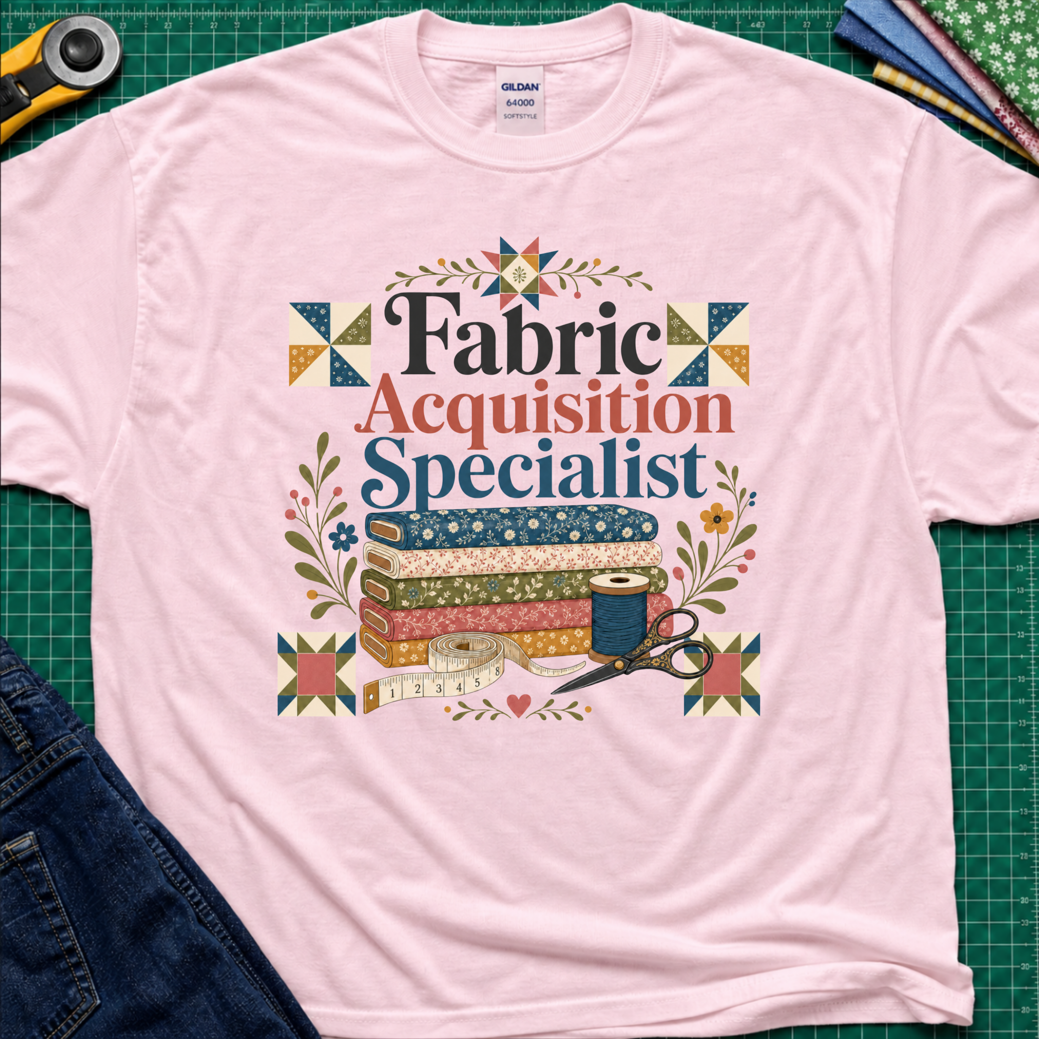 A light pink Gildan t-shirt with a colorful graphic that reads 'Fabric Acquisition Specialist' surrounded by quilting motifs like fabrics, a spool, scissors, and flowers. The shirt is laid flat on a green cutting mat with sewing tools and jeans partially visible around it.
