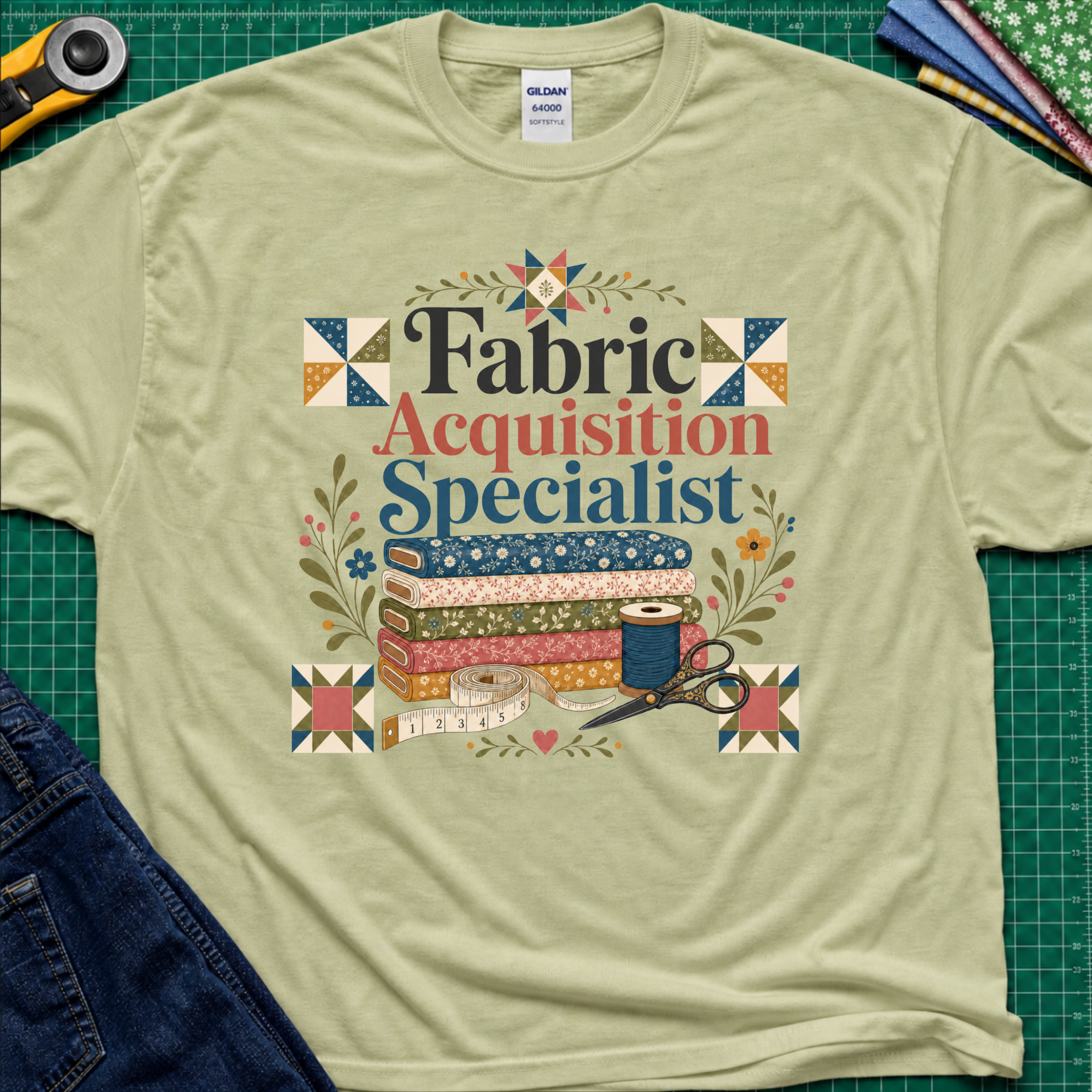A pistachio green Gildan t-shirt with a colorful graphic that reads 'Fabric Acquisition Specialist' surrounded by quilting motifs like fabrics, a spool, scissors, and flowers. The shirt is laid flat on a green cutting mat with sewing tools and jeans partially visible around it.