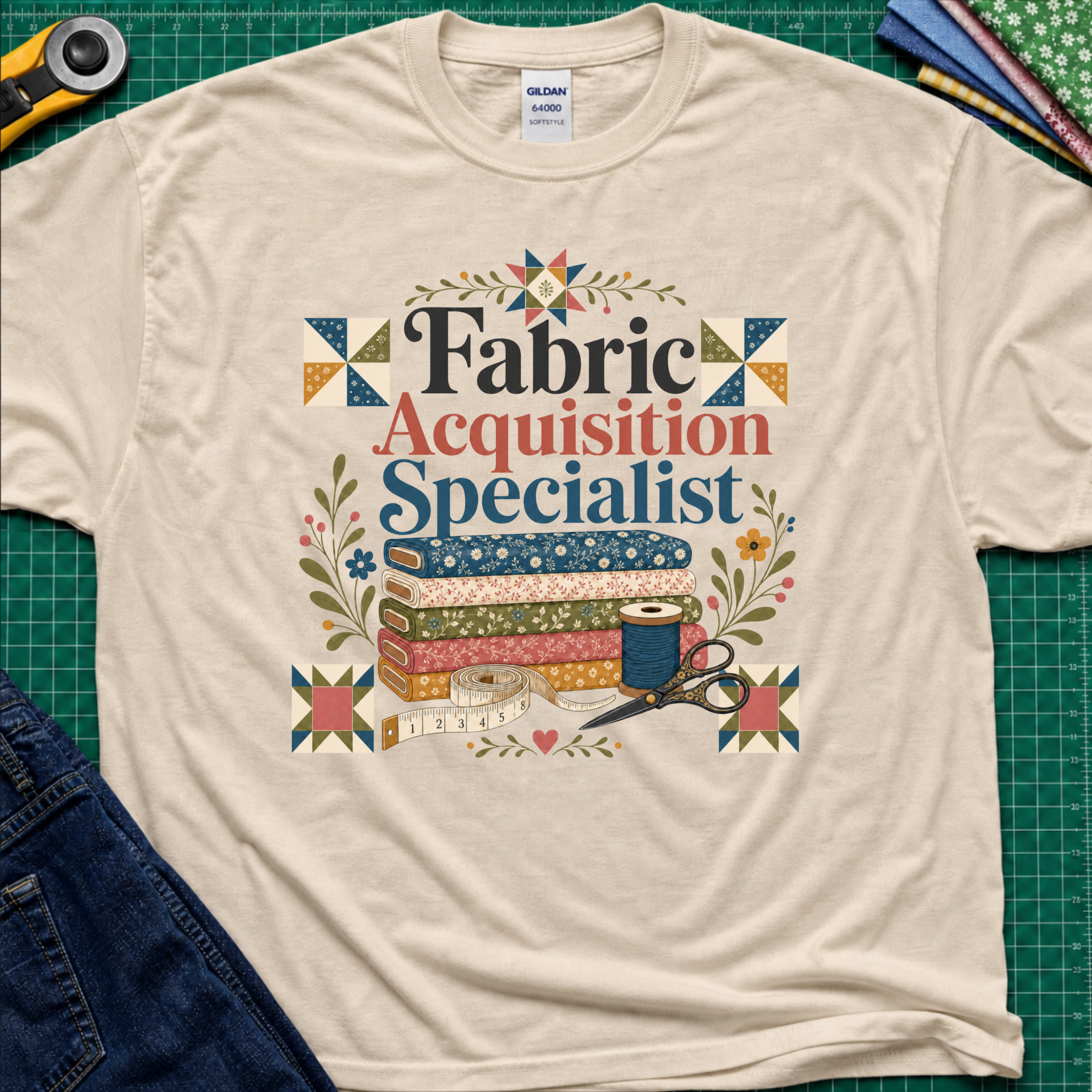 A dark cream Gildan t-shirt with a colorful graphic that reads 'Fabric Acquisition Specialist' surrounded by quilting motifs like fabrics, a spool, scissors, and flowers. The shirt is laid flat on a green cutting mat with sewing tools and jeans partially visible around it.