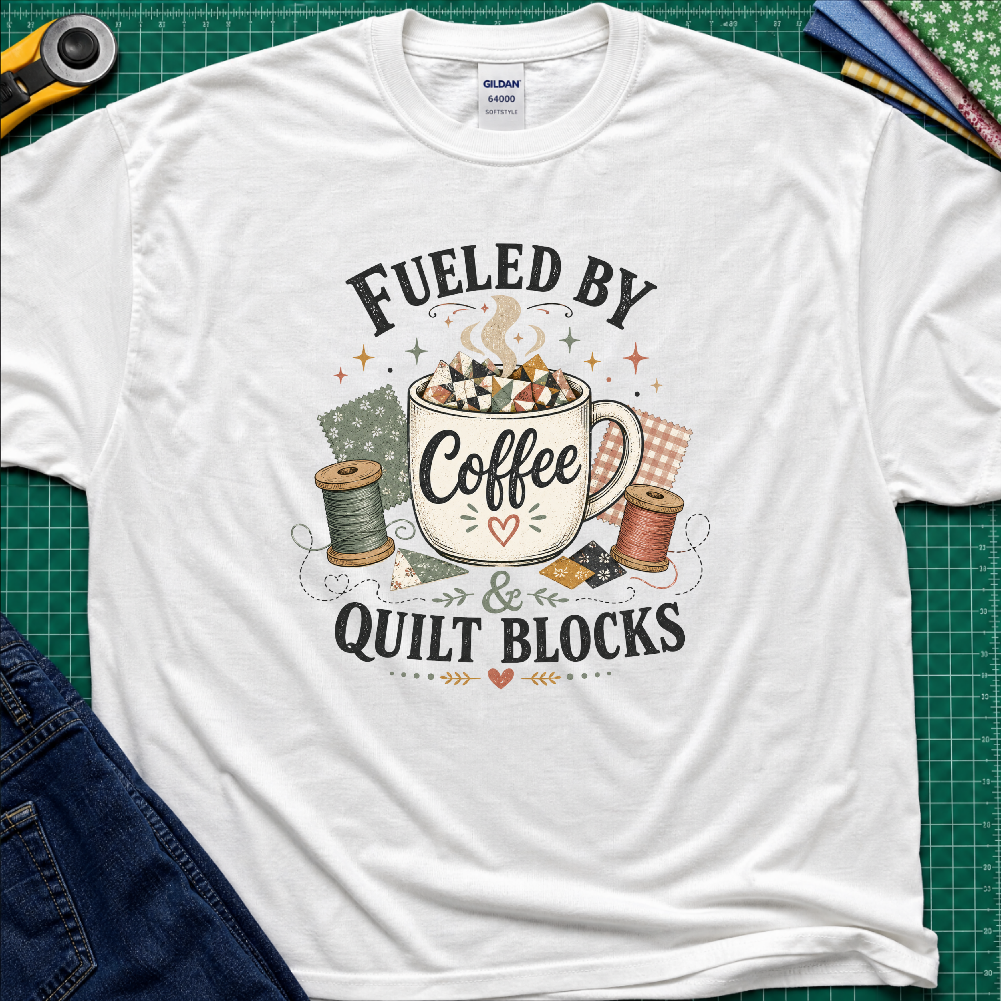 A white Gildan t-shirt with a graphic that reads 'FUELED BY Coffee & QUILT BLOCKS' surrounding an illustration of a coffee mug filled with quilt blocks, styled on a green cutting mat with sewing supplies.
