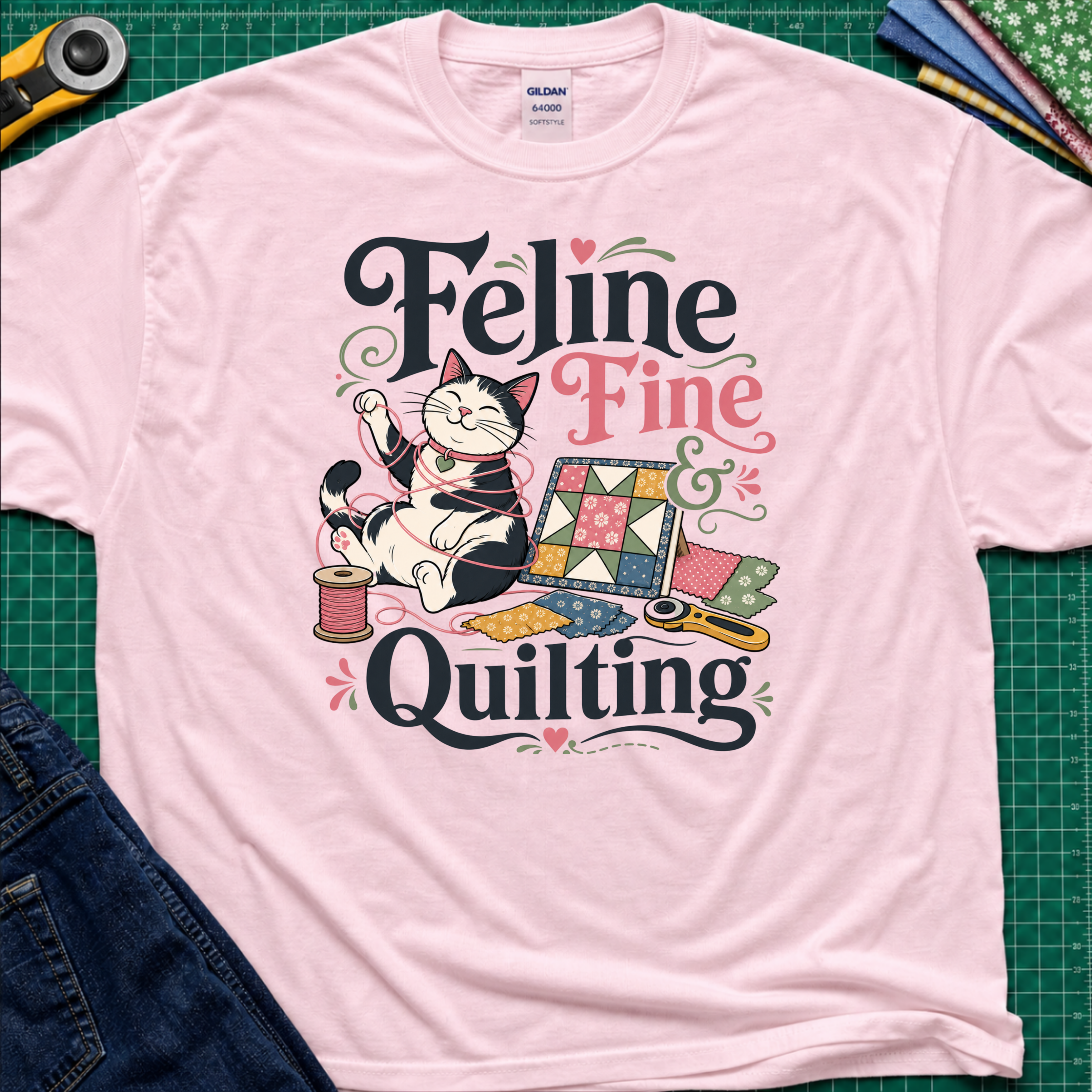 A light pink Gildan t-shirt with a colorful graphic that reads 'Feline Fine Quilting' featuring a cartoon cat and quilting supplies, laid flat on a green cutting mat with crafting props and blue jeans partially visible.