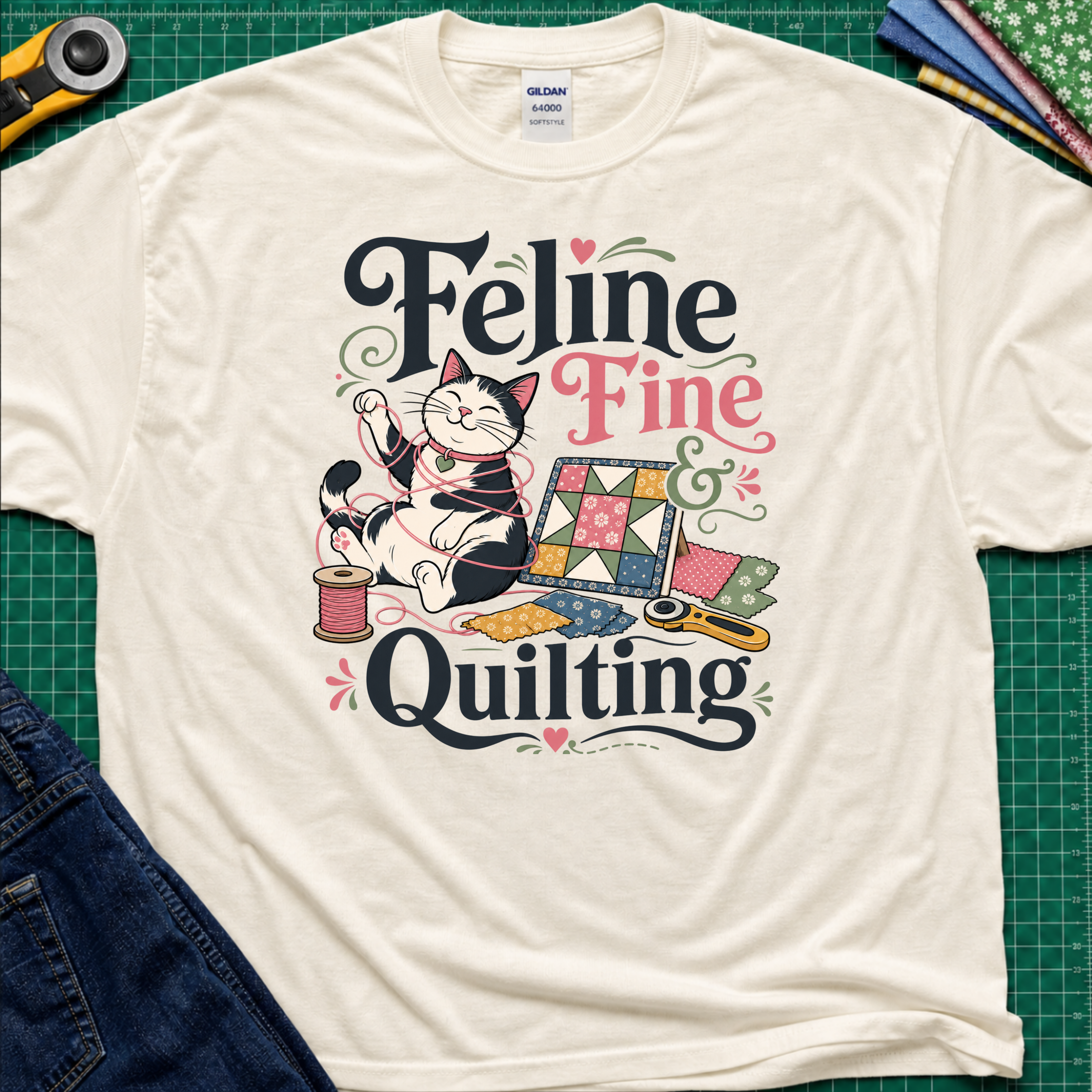 A light cream Gildan t-shirt with a colorful graphic that reads 'Feline Fine Quilting' featuring a cartoon cat and quilting supplies, laid flat on a green cutting mat with crafting props and blue jeans partially visible.