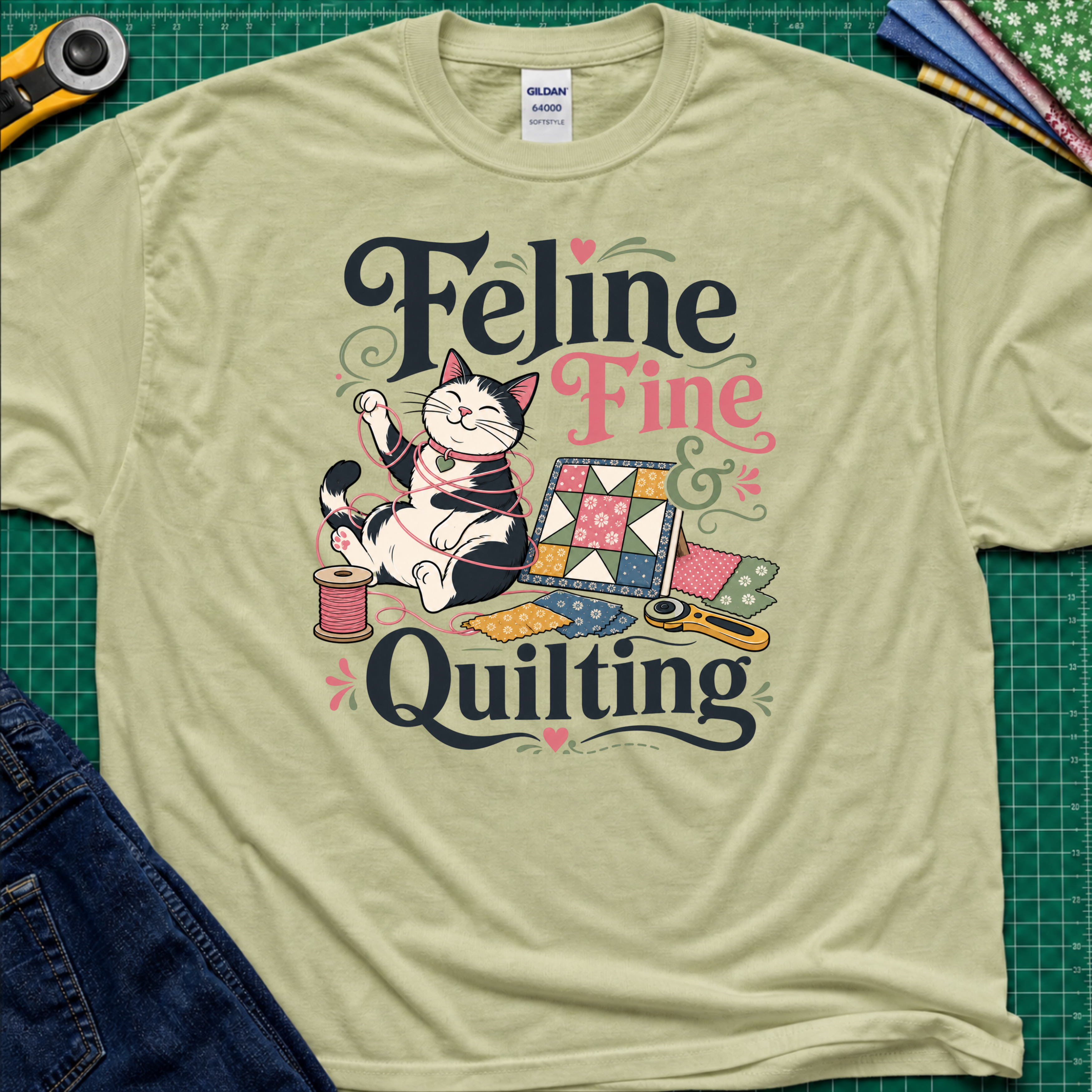 A pistachio green Gildan t-shirt with a colorful graphic that reads 'Feline Fine Quilting' featuring a cartoon cat and quilting supplies, laid flat on a green cutting mat with crafting props and blue jeans partially visible.