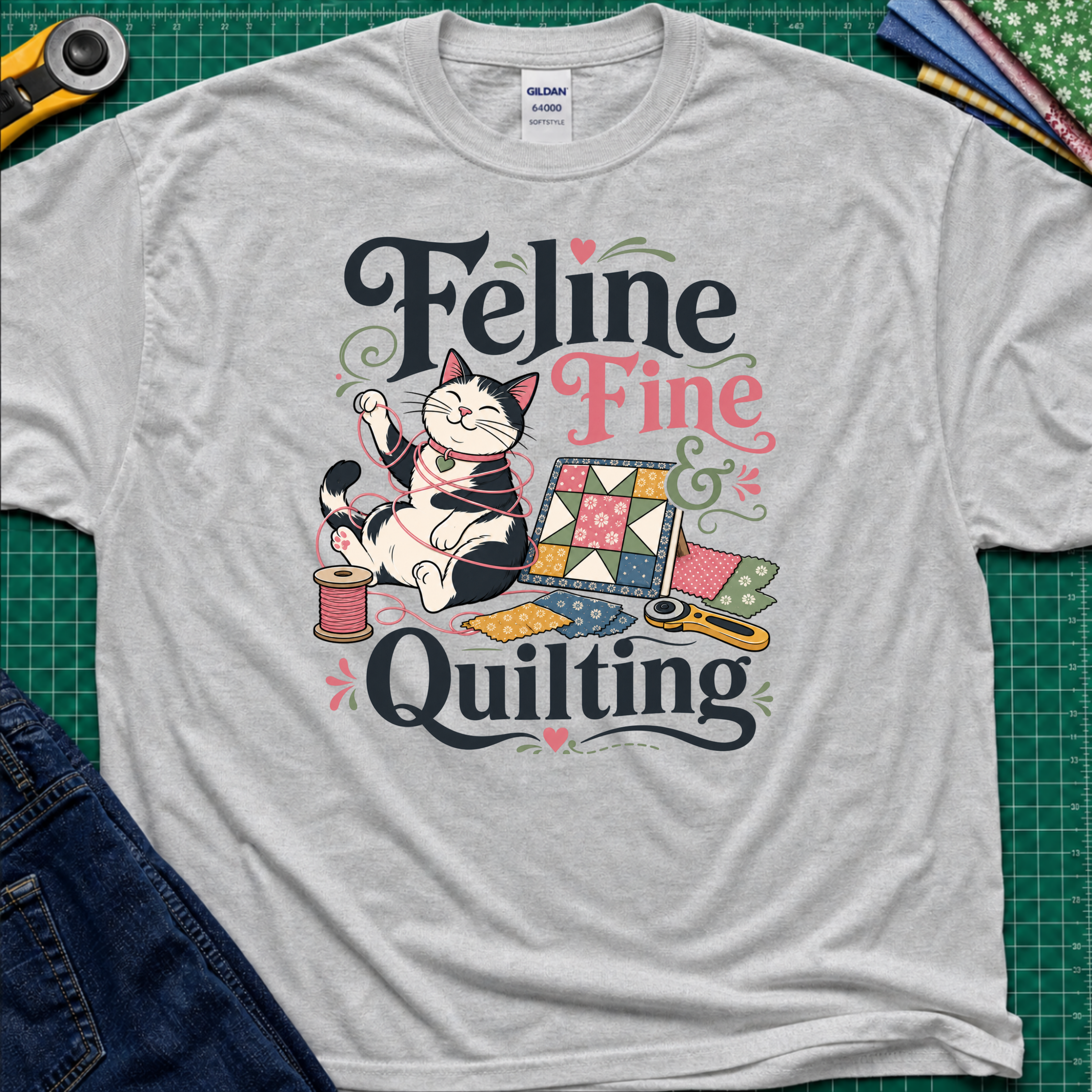 A sports grey Gildan t-shirt with a colorful graphic that reads 'Feline Fine Quilting' featuring a cartoon cat and quilting supplies, laid flat on a green cutting mat with crafting props and blue jeans partially visible.