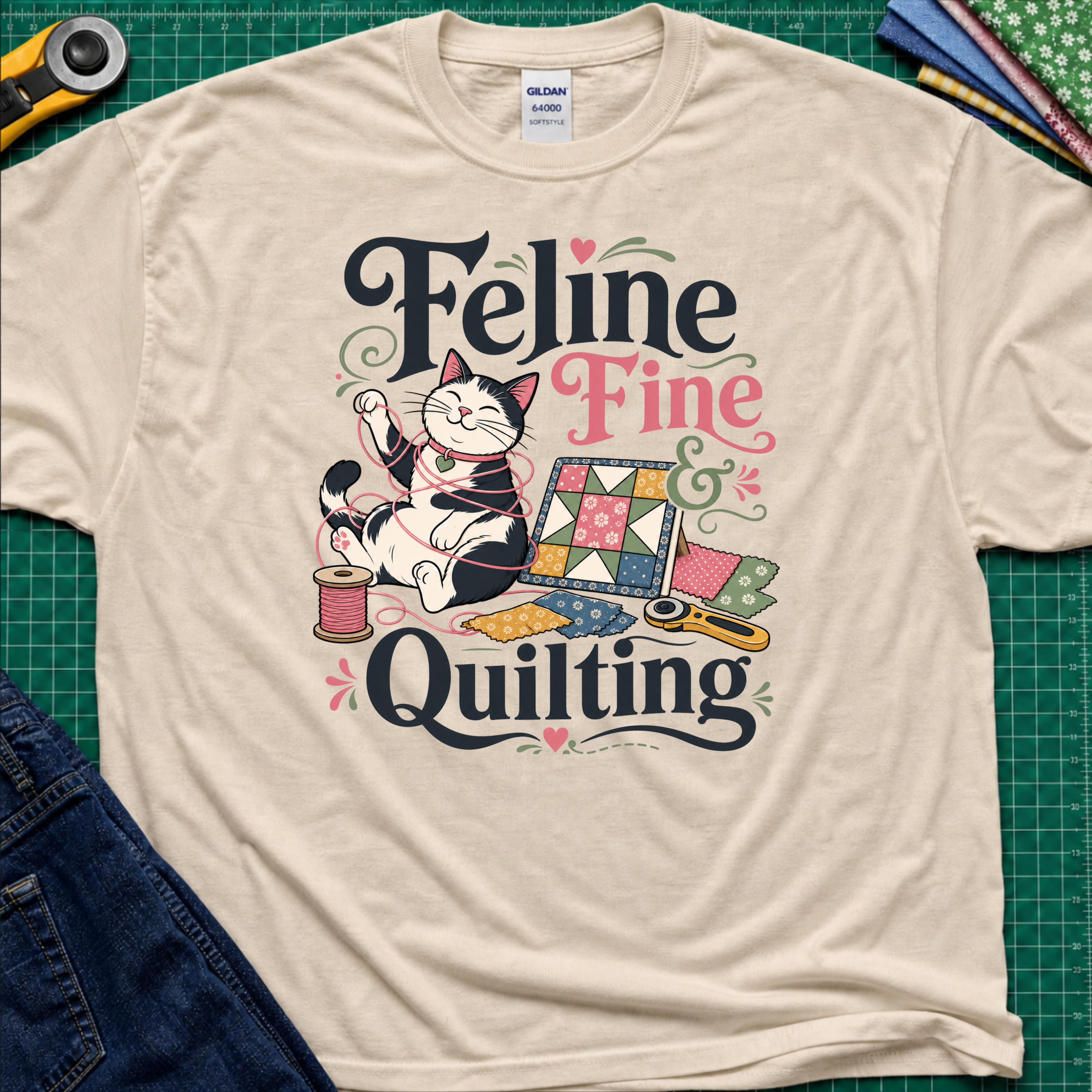 A dark cream Gildan t-shirt with a colorful graphic that reads 'Feline Fine Quilting' featuring a cartoon cat and quilting supplies, laid flat on a green cutting mat with crafting props and blue jeans partially visible.