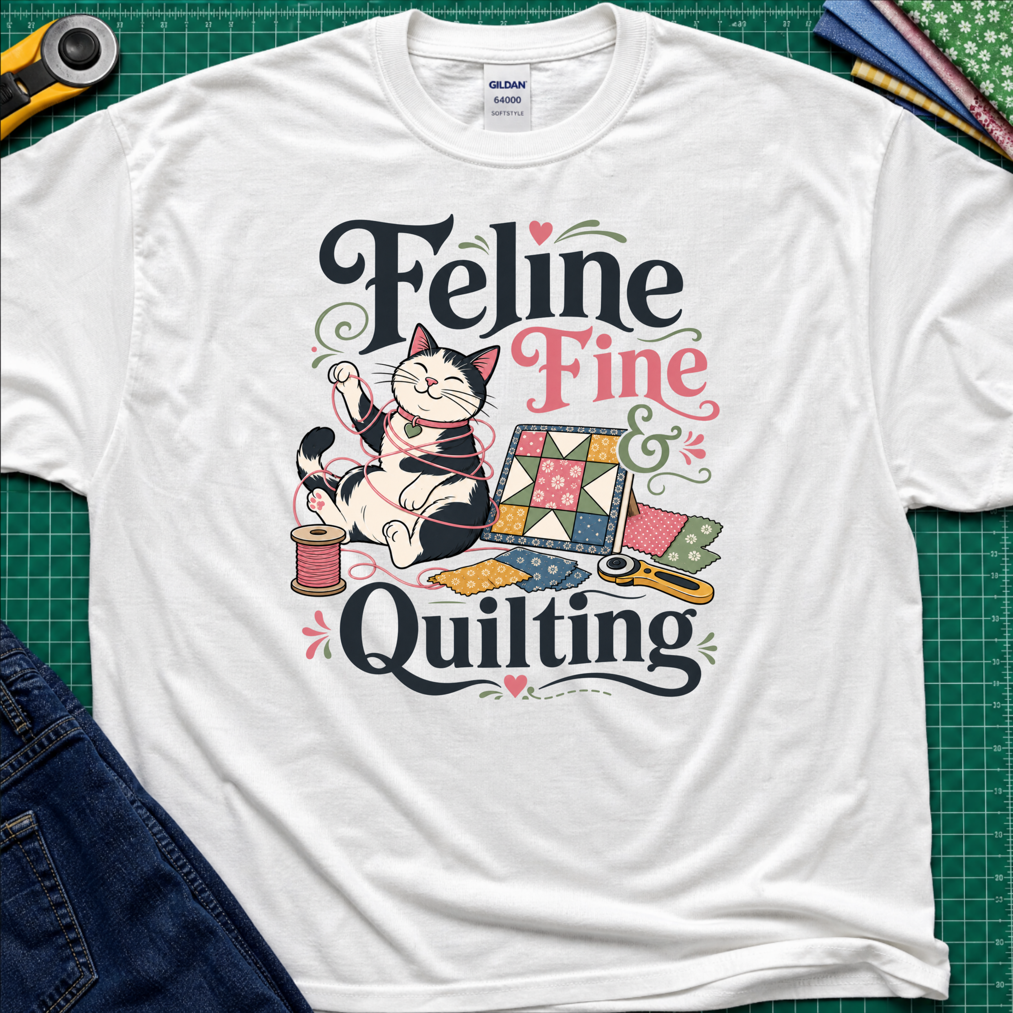A white Gildan t-shirt with a colorful graphic that reads 'Feline Fine Quilting' featuring a cartoon cat and quilting supplies, laid flat on a green cutting mat with crafting props and blue jeans partially visible.