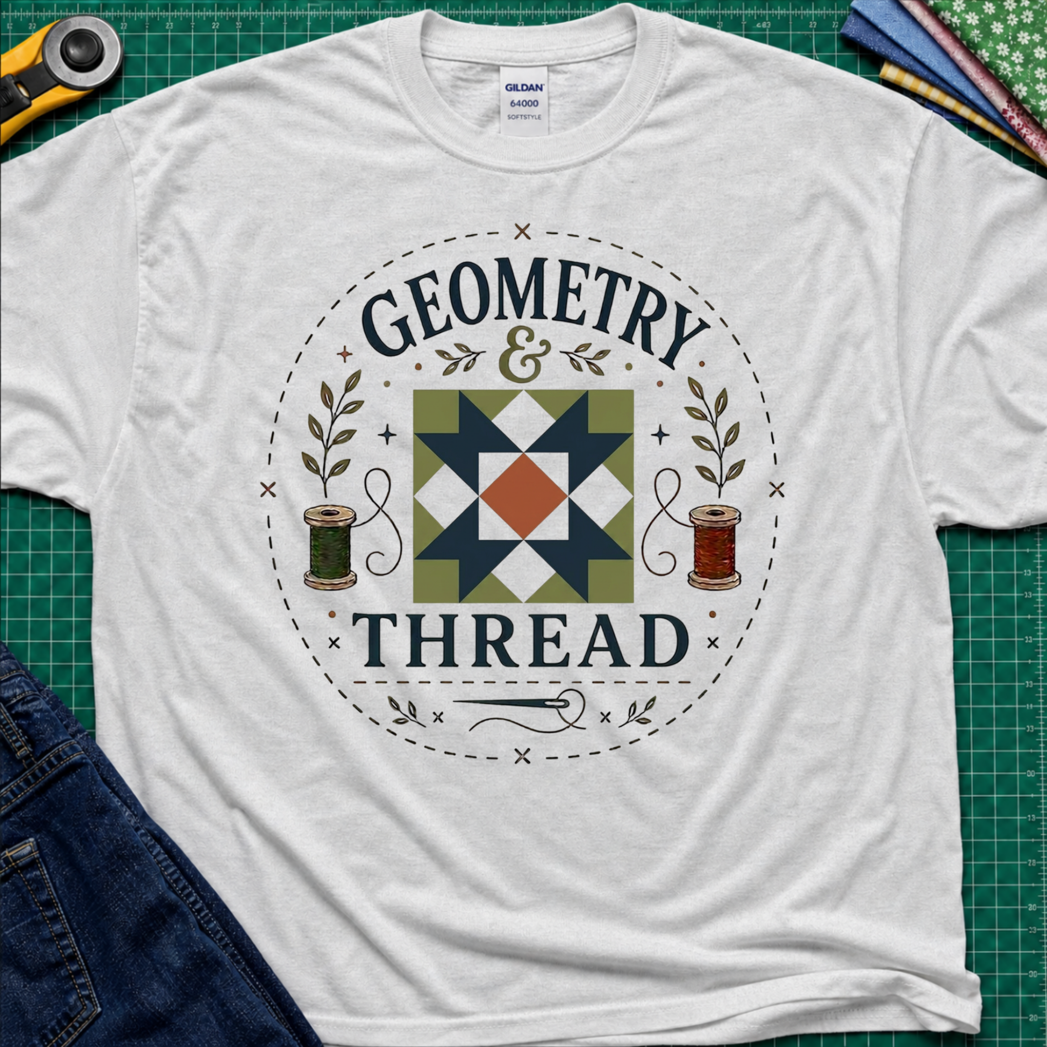 A light grey Gildan cotton t-shirt with a circular 'Geometry & Thread' graphic on the chest with quilt block, cotton spools and needle. Styled in a flat-lay on a green cutting mat with sewing supplies.