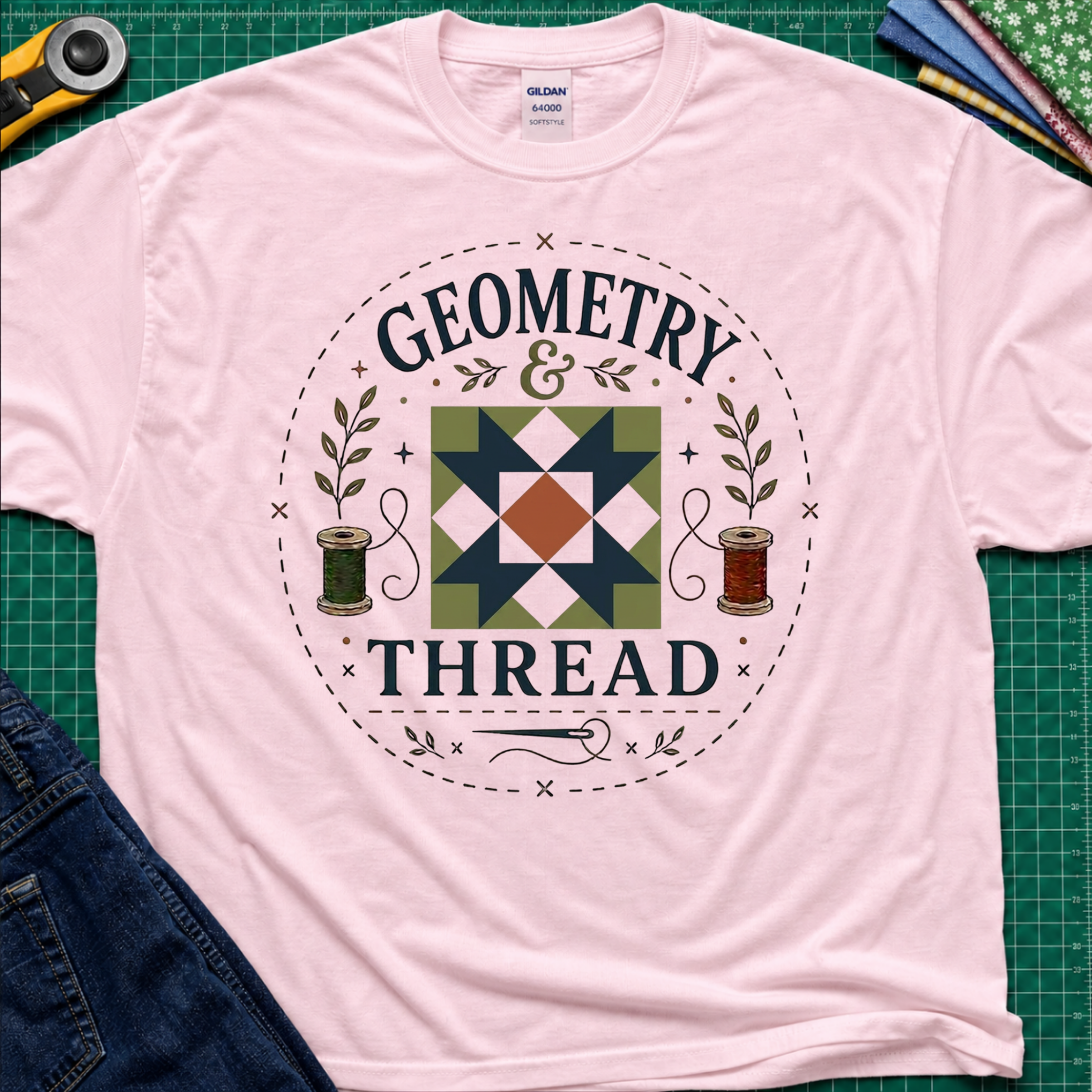 A light pink Gildan cotton t-shirt with a circular 'Geometry & Thread' graphic on the chest with quilt block, cotton spools and needle. Styled in a flat-lay on a green cutting mat with sewing supplies.