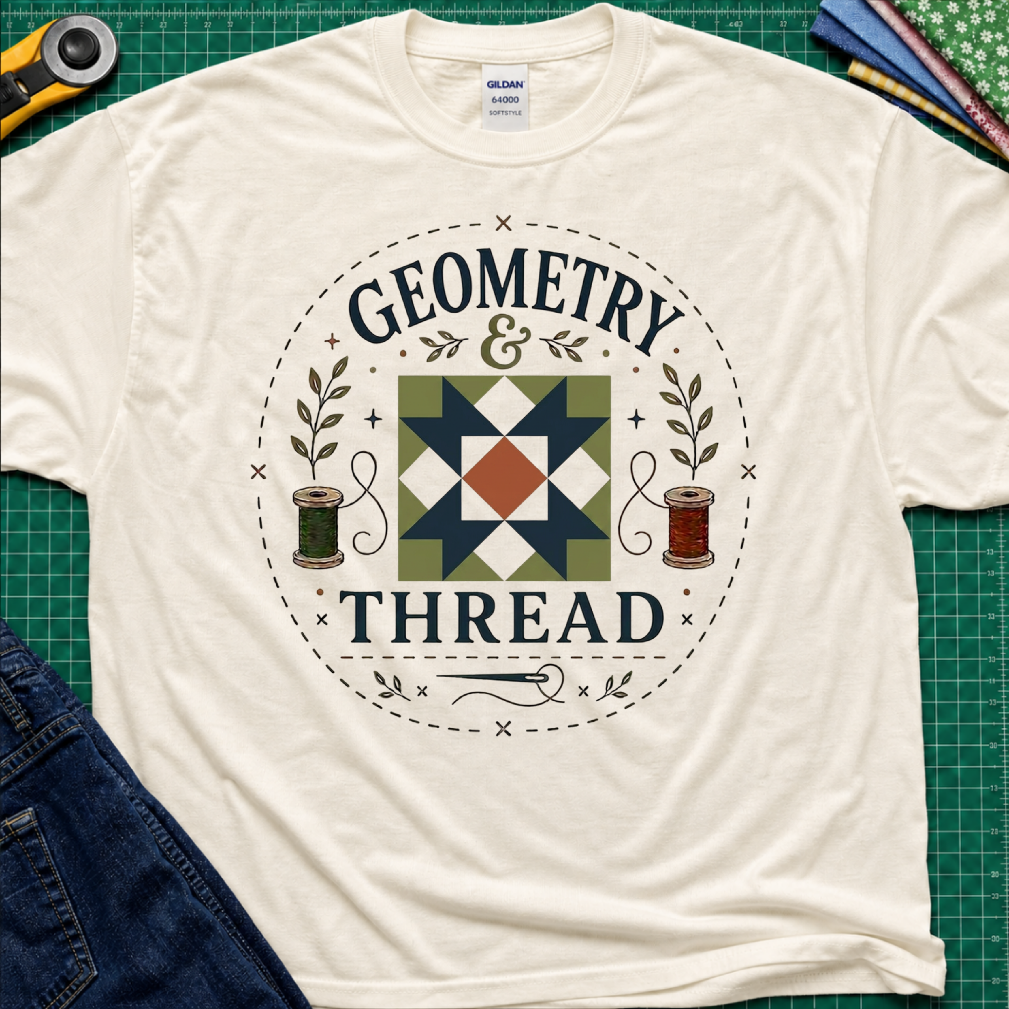 A light cream Gildan cotton t-shirt with a circular 'Geometry & Thread' graphic on the chest with quilt block, cotton spools and needle. Styled in a flat-lay on a green cutting mat with sewing supplies.