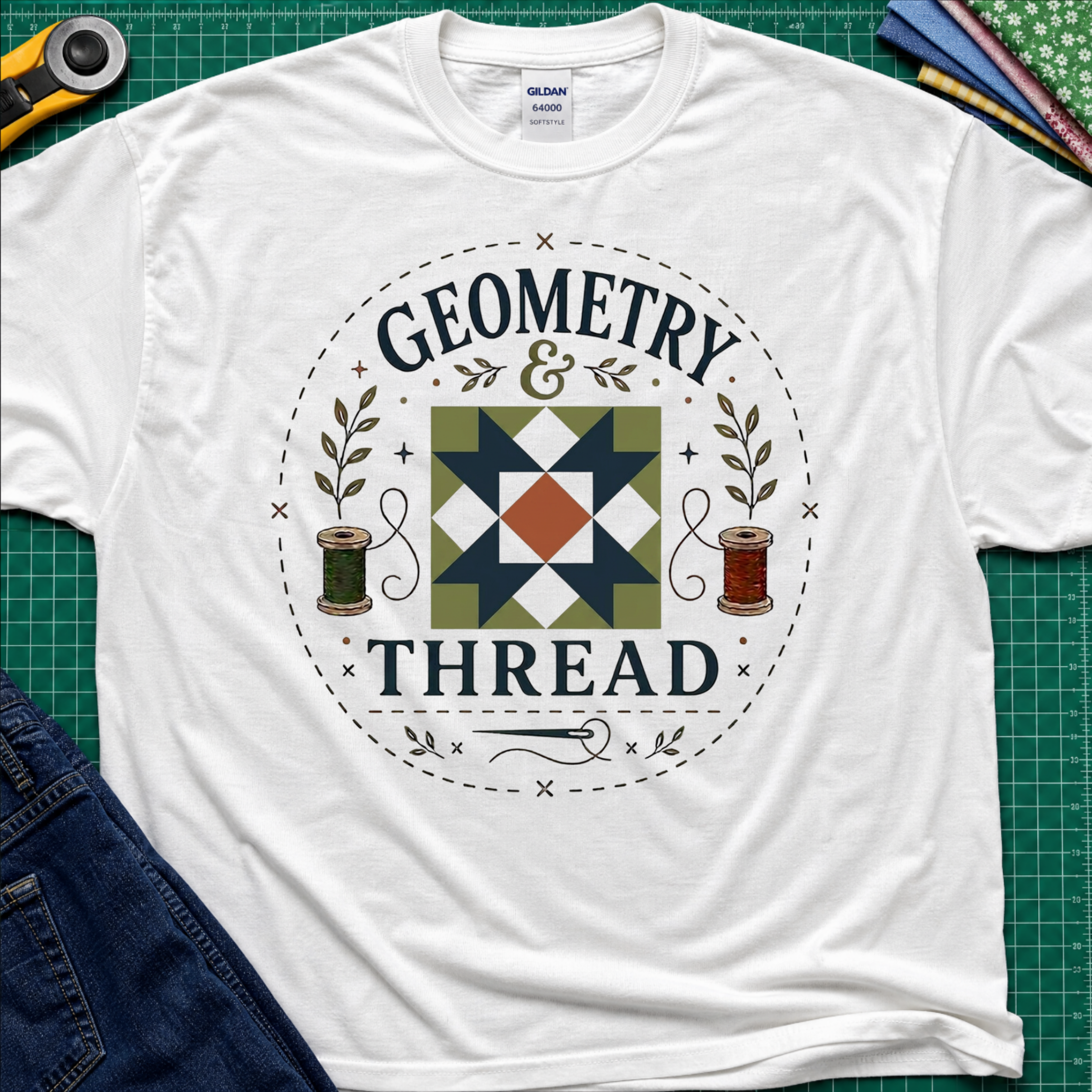 A white Gildan cotton t-shirt with a circular 'Geometry & Thread' graphic on the chest with quilt block, cotton spools and needle. Styled in a flat-lay on a green cutting mat with sewing supplies.