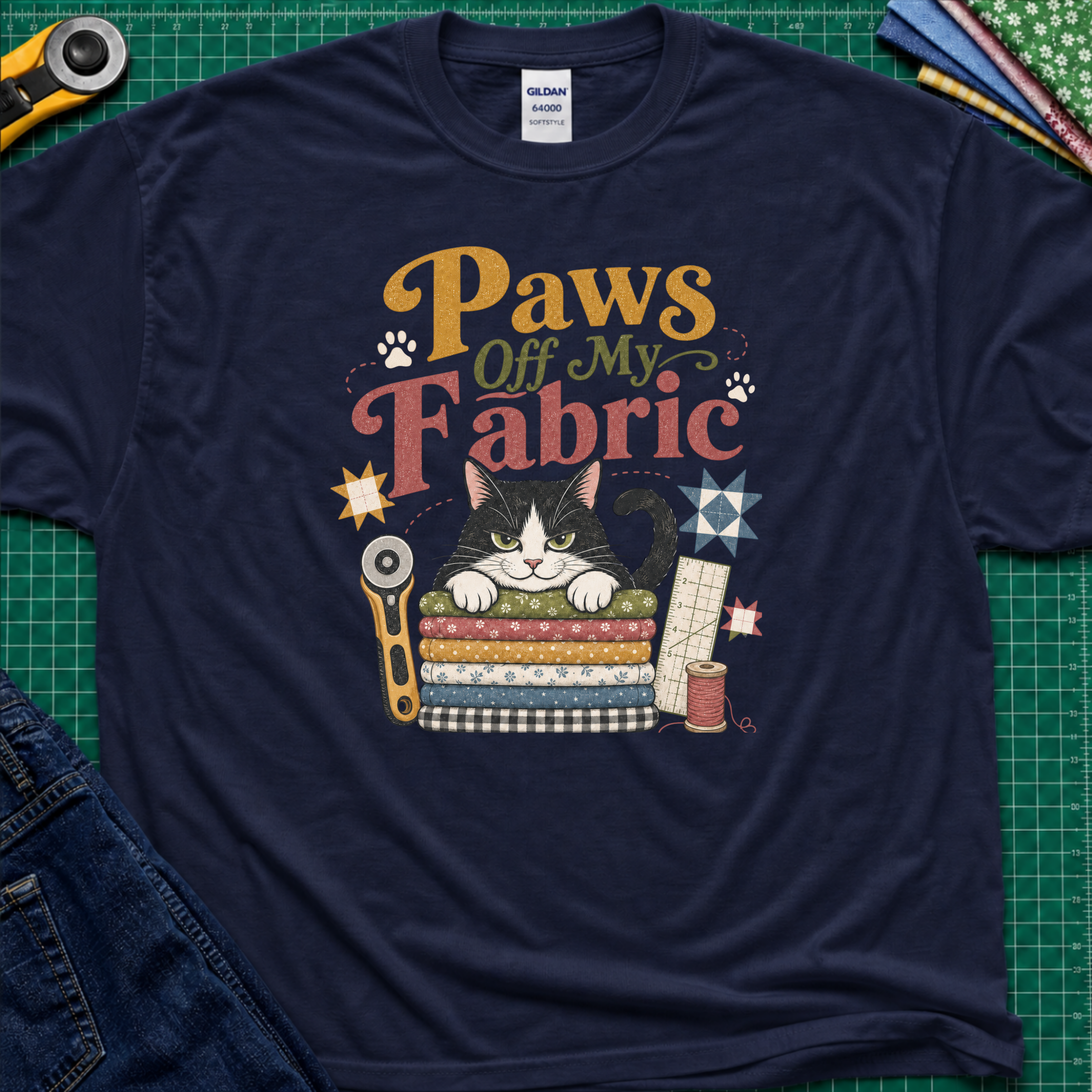 A navy blue Gildan t-shirt laid flat on a green cutting mat, featuring a colorful graphic of a black and white cat behind stacked fabrics with the text 'Paws Off My Fabric'. Quilting tools and fabrics are styled around the shirt.