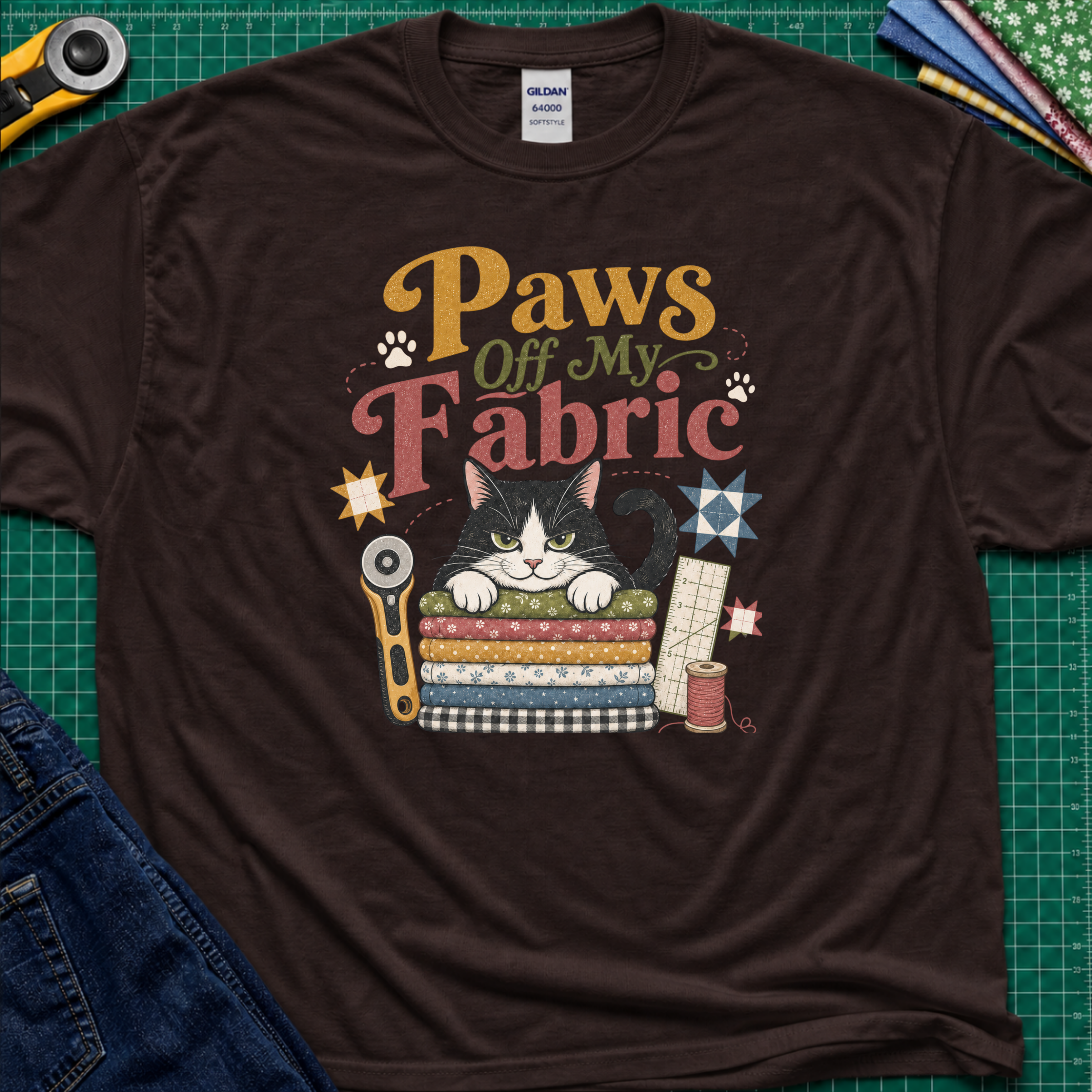 A chocolate brown Gildan t-shirt laid flat on a green cutting mat, featuring a colorful graphic of a black and white cat behind stacked fabrics with the text 'Paws Off My Fabric'. Quilting tools and fabrics are styled around the shirt.