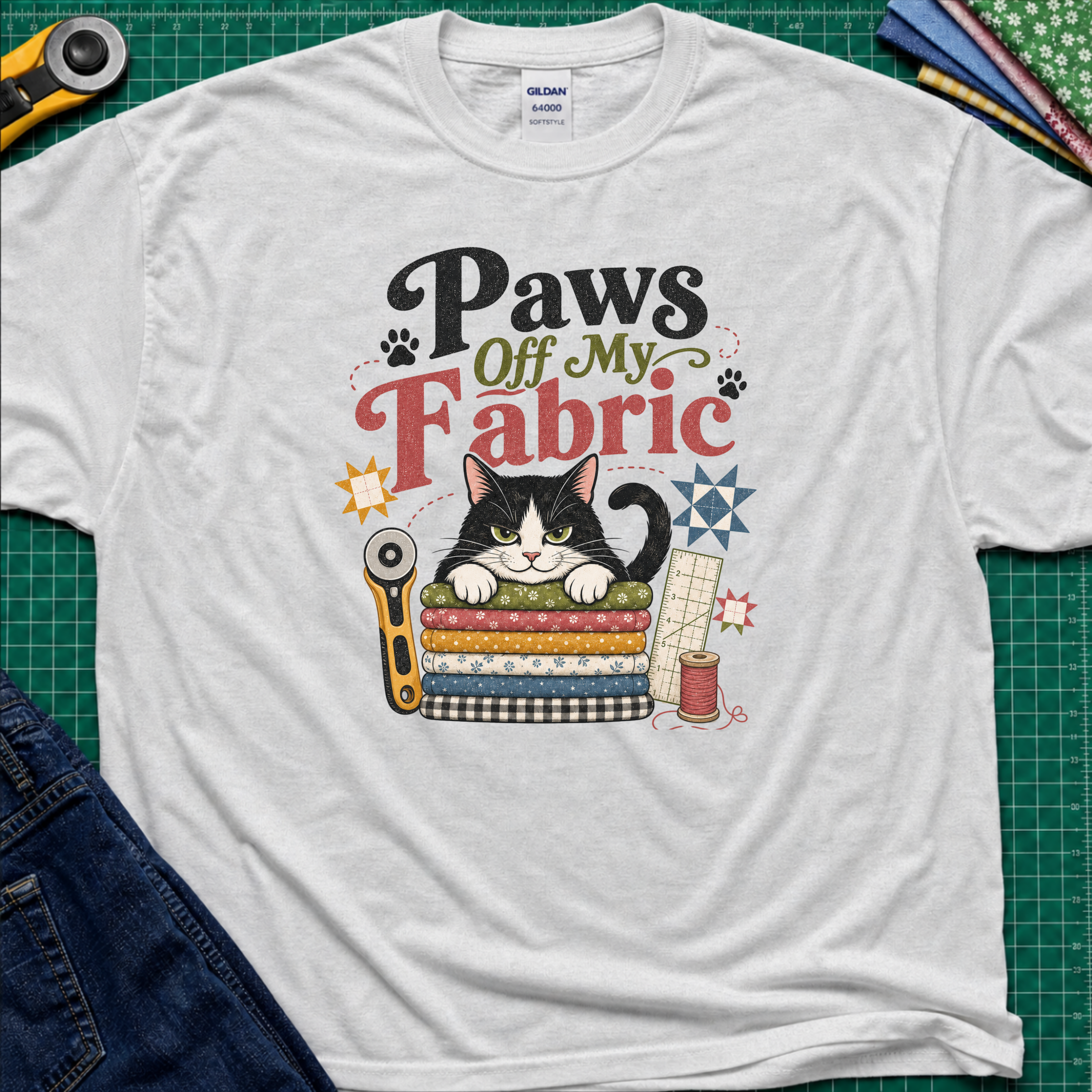 A light grey Gildan t-shirt laid flat on a green cutting mat, featuring a colorful graphic of a black and white cat behind stacked fabrics with the text 'Paws Off My Fabric'. Quilting tools and fabrics are styled around the shirt.