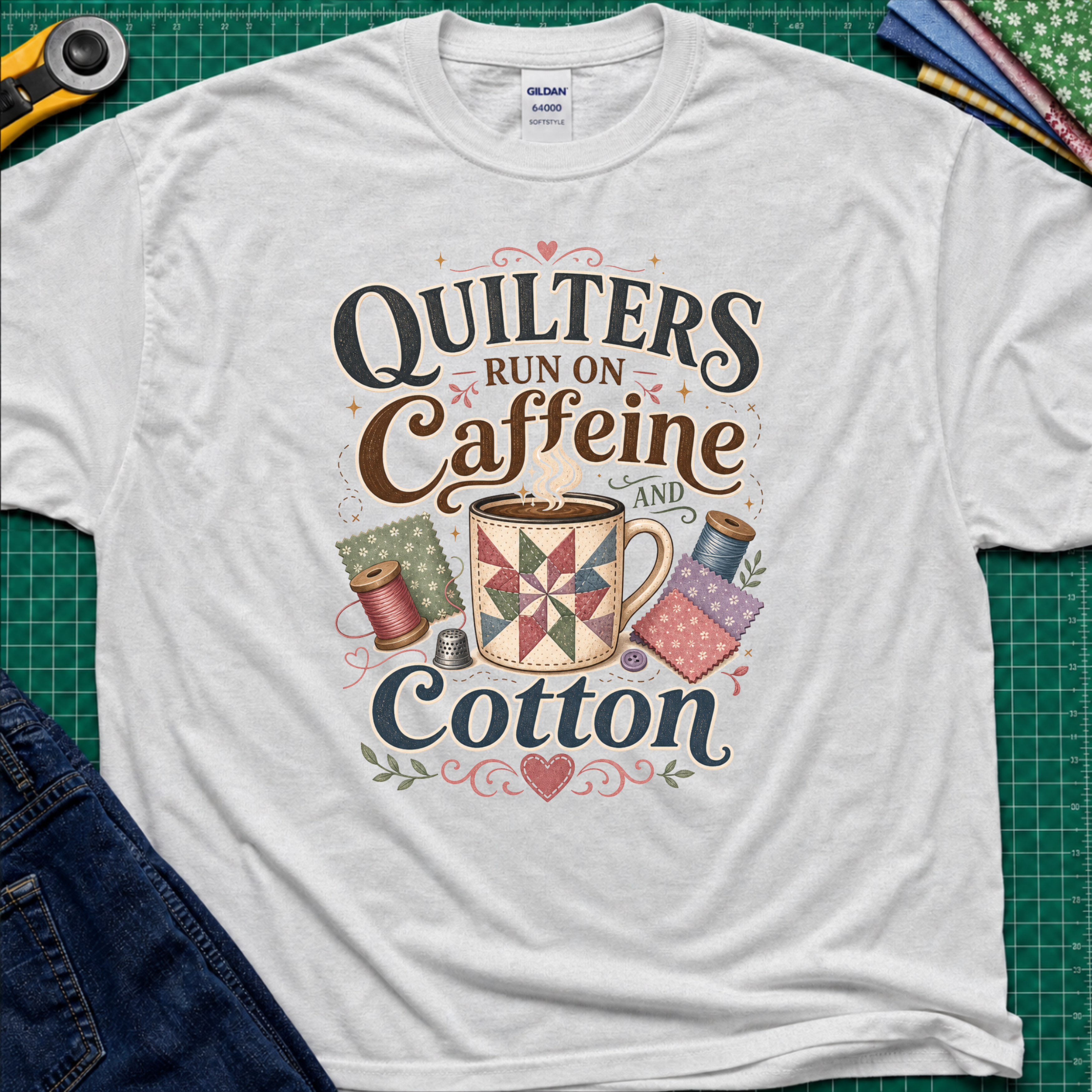 A light grey Gildan t-shirt with a colorful graphic that reads 'Quilters Run on Caffeine and Cotton' around an illustration of a quilted mug and spools of thread. The shirt lays flat on a green cutting mat with a rotary cutter, fabric stack and jeans partially visible in the corners.
