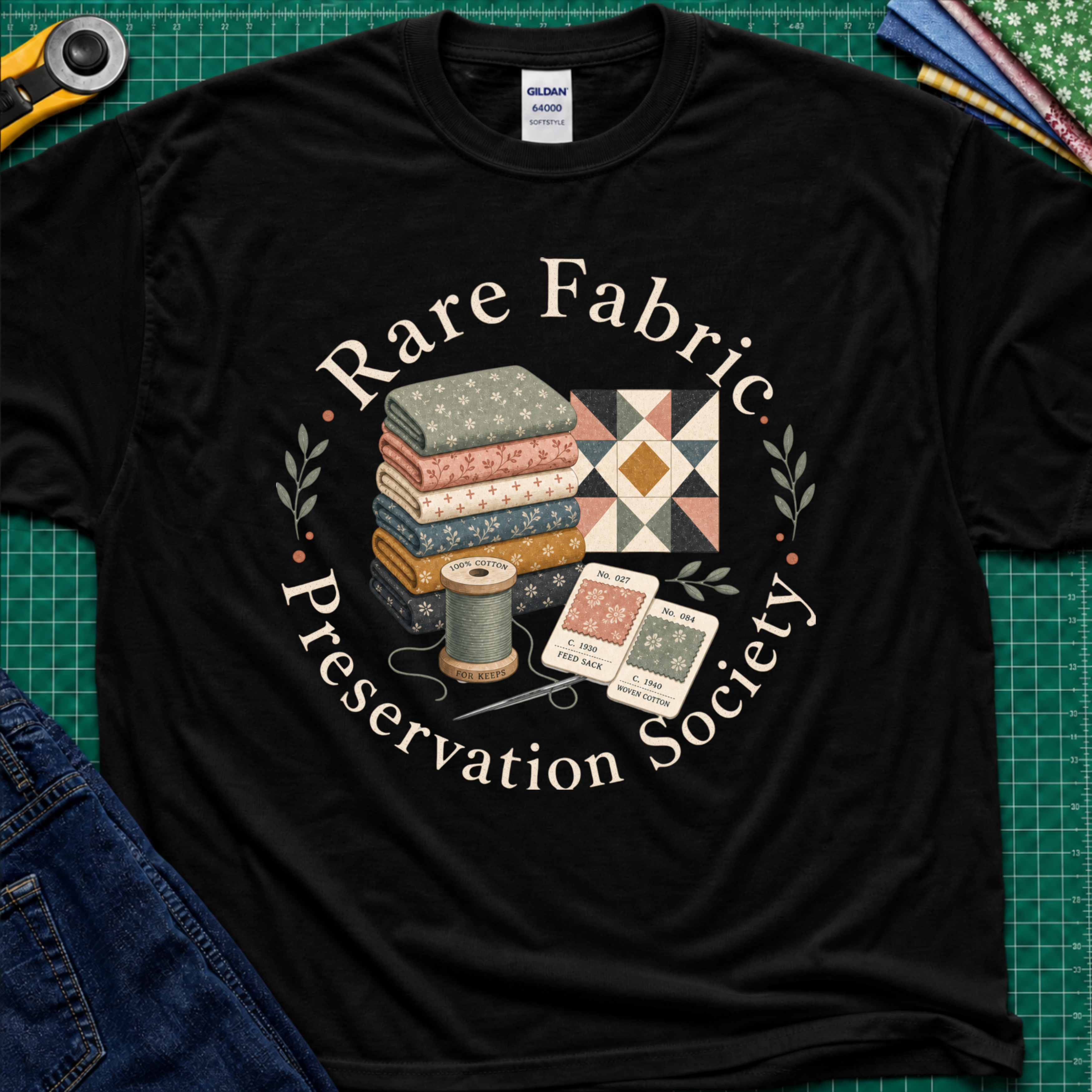A black Gildan t-shirt with a vintage-style graphic reading 'Rare Fabric Preservation Society' around an illustration of stacked quilting fabrics, a spool of thread, and pattern cards. The shirt is laid flat on a green cutting mat with sewing tools and jeans partially visible around it.