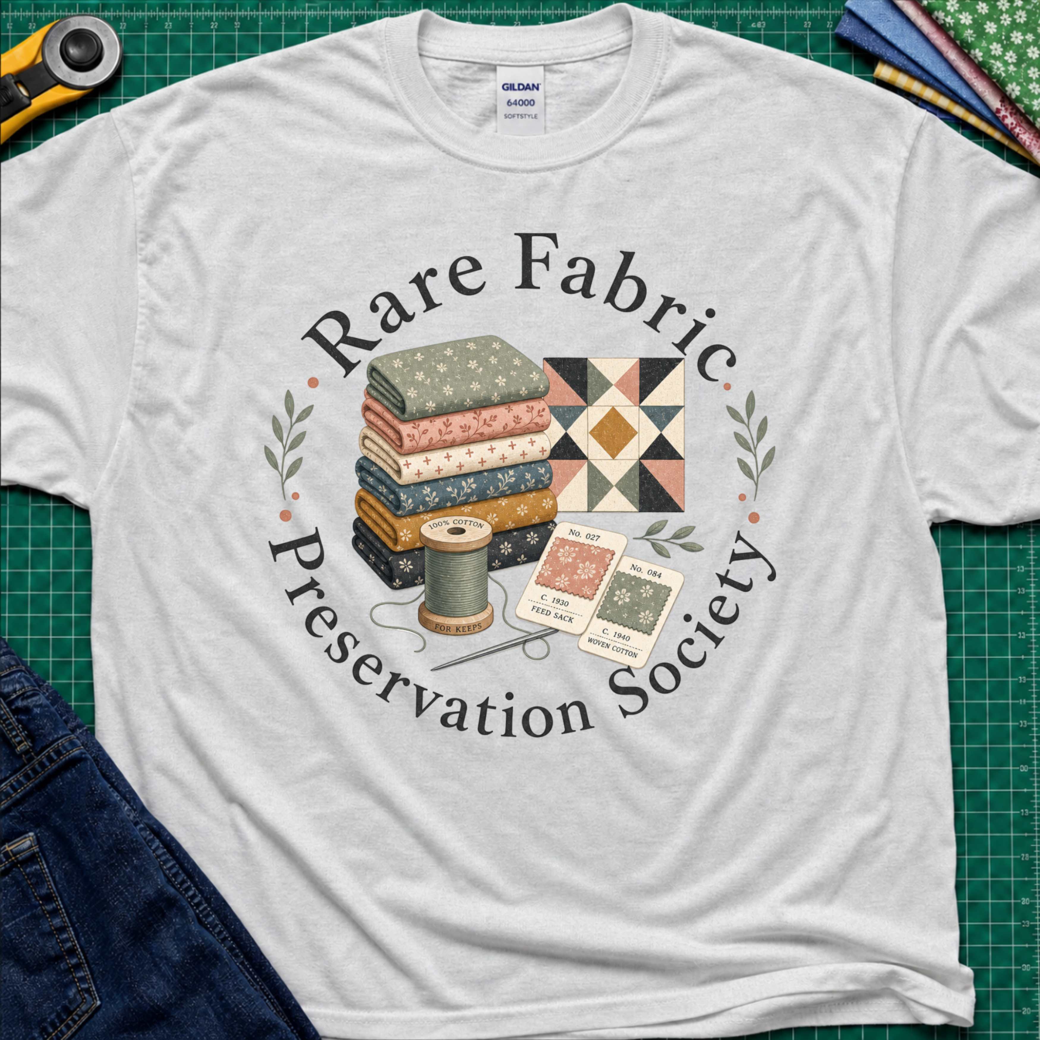 A light grey Gildan t-shirt with a vintage-style graphic reading 'Rare Fabric Preservation Society' around an illustration of stacked quilting fabrics, a spool of thread, and pattern cards. The shirt is laid flat on a green cutting mat with sewing tools and jeans partially visible around it.