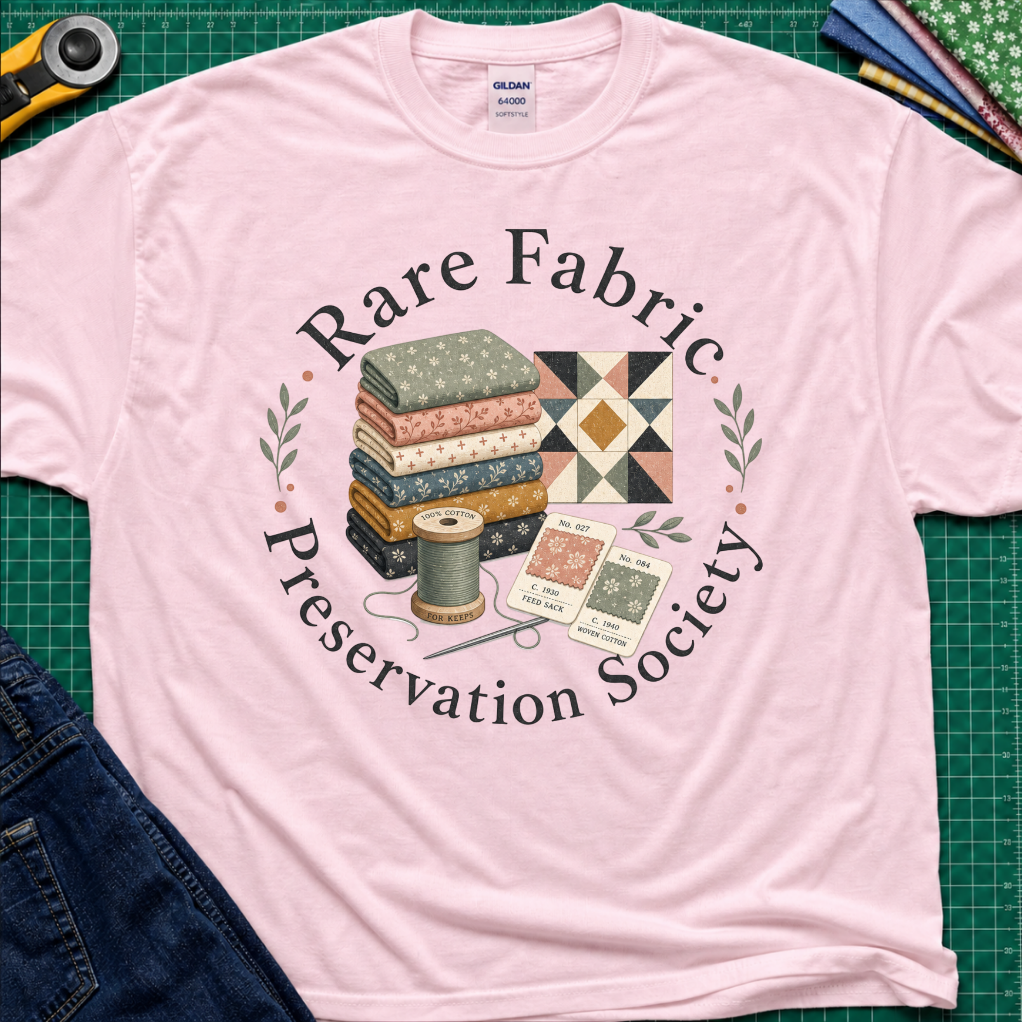 A light pink Gildan t-shirt with a vintage-style graphic reading 'Rare Fabric Preservation Society' around an illustration of stacked quilting fabrics, a spool of thread, and pattern cards. The shirt is laid flat on a green cutting mat with sewing tools and jeans partially visible around it.
