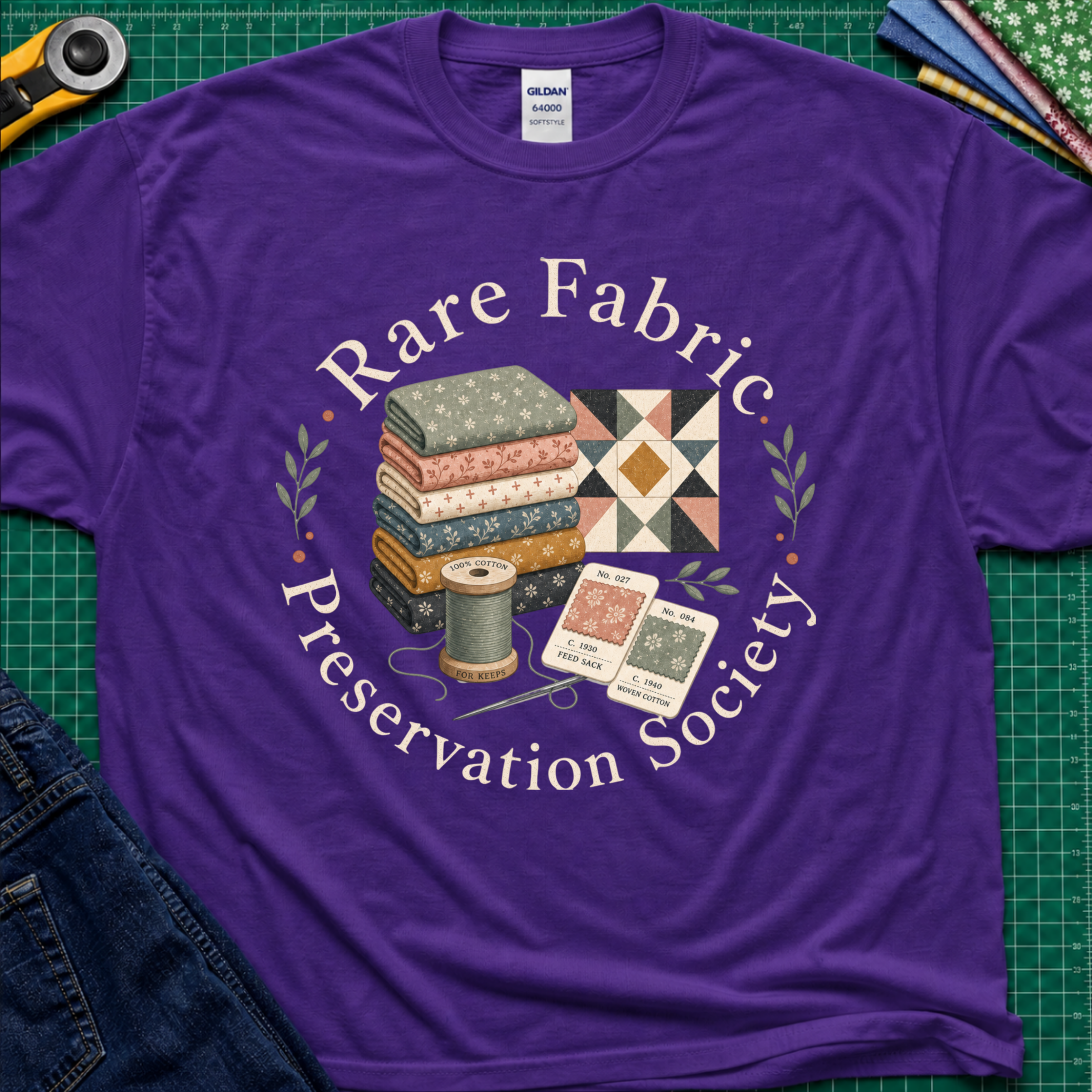 A purpleGildan t-shirt with a vintage-style graphic reading 'Rare Fabric Preservation Society' around an illustration of stacked quilting fabrics, a spool of thread, and pattern cards. The shirt is laid flat on a green cutting mat with sewing tools and jeans partially visible around it.