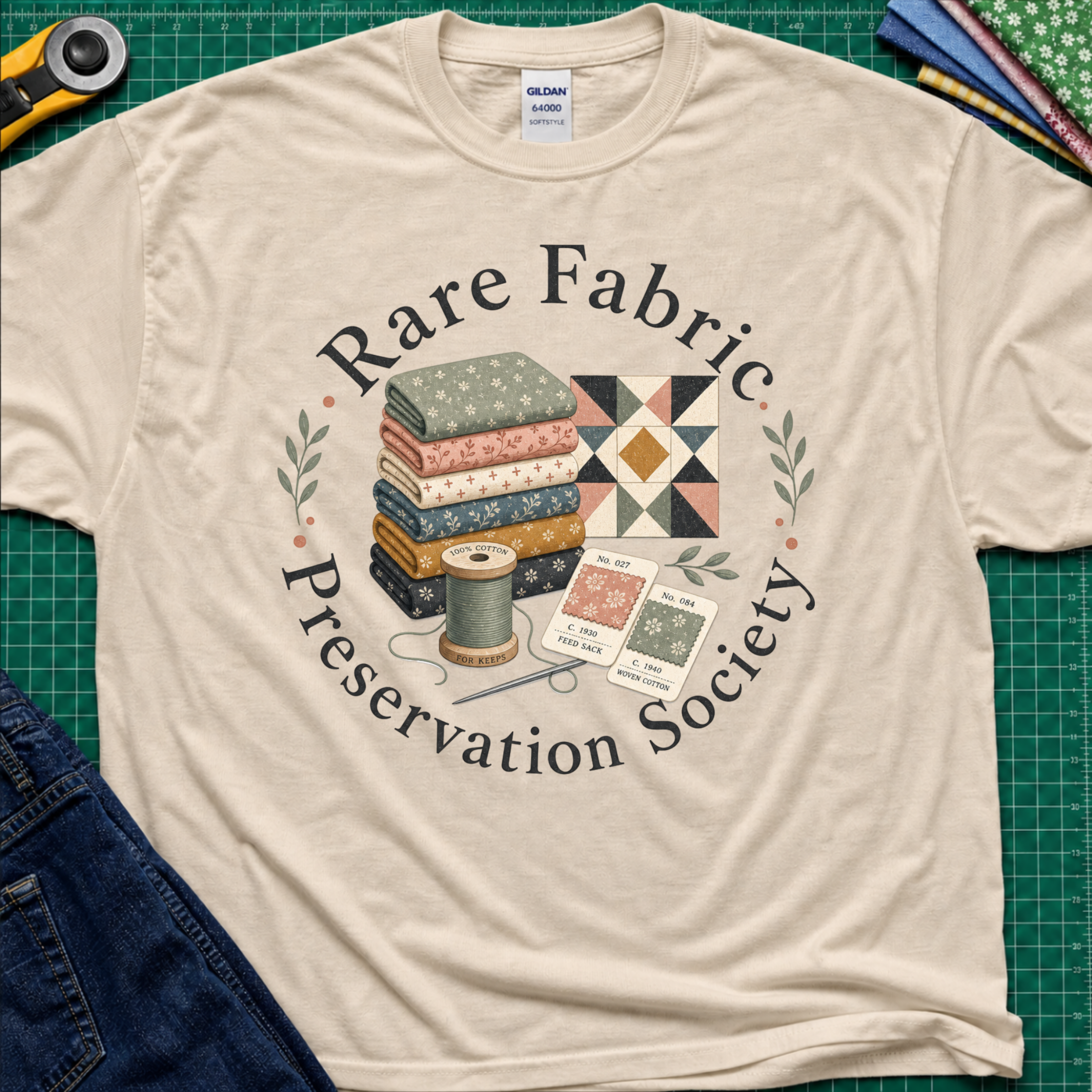 A dark cream Gildan t-shirt with a vintage-style graphic reading 'Rare Fabric Preservation Society' around an illustration of stacked quilting fabrics, a spool of thread, and pattern cards. The shirt is laid flat on a green cutting mat with sewing tools and jeans partially visible around it.