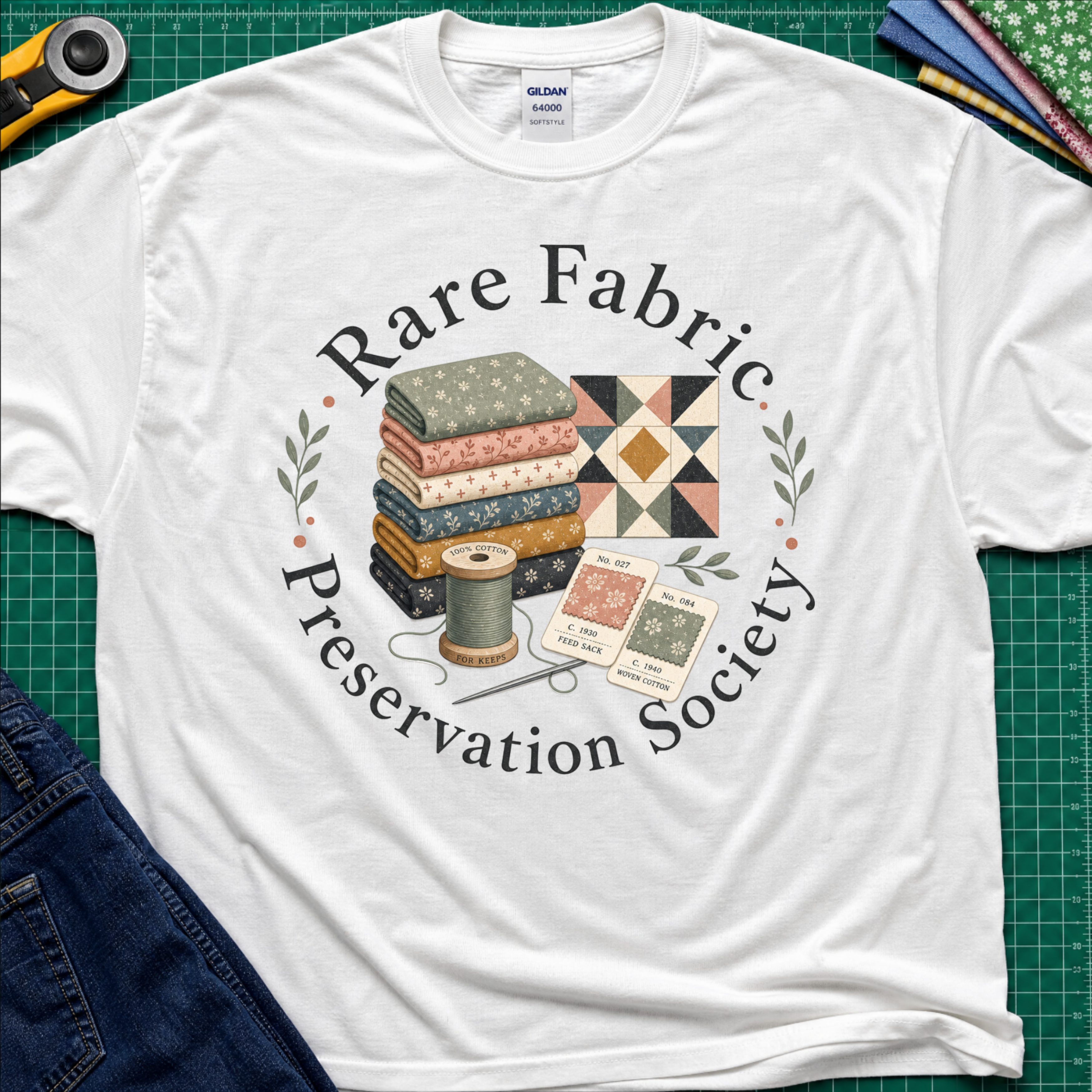A whiteGildan t-shirt with a vintage-style graphic reading 'Rare Fabric Preservation Society' around an illustration of stacked quilting fabrics, a spool of thread, and pattern cards. The shirt is laid flat on a green cutting mat with sewing tools and jeans partially visible around it.