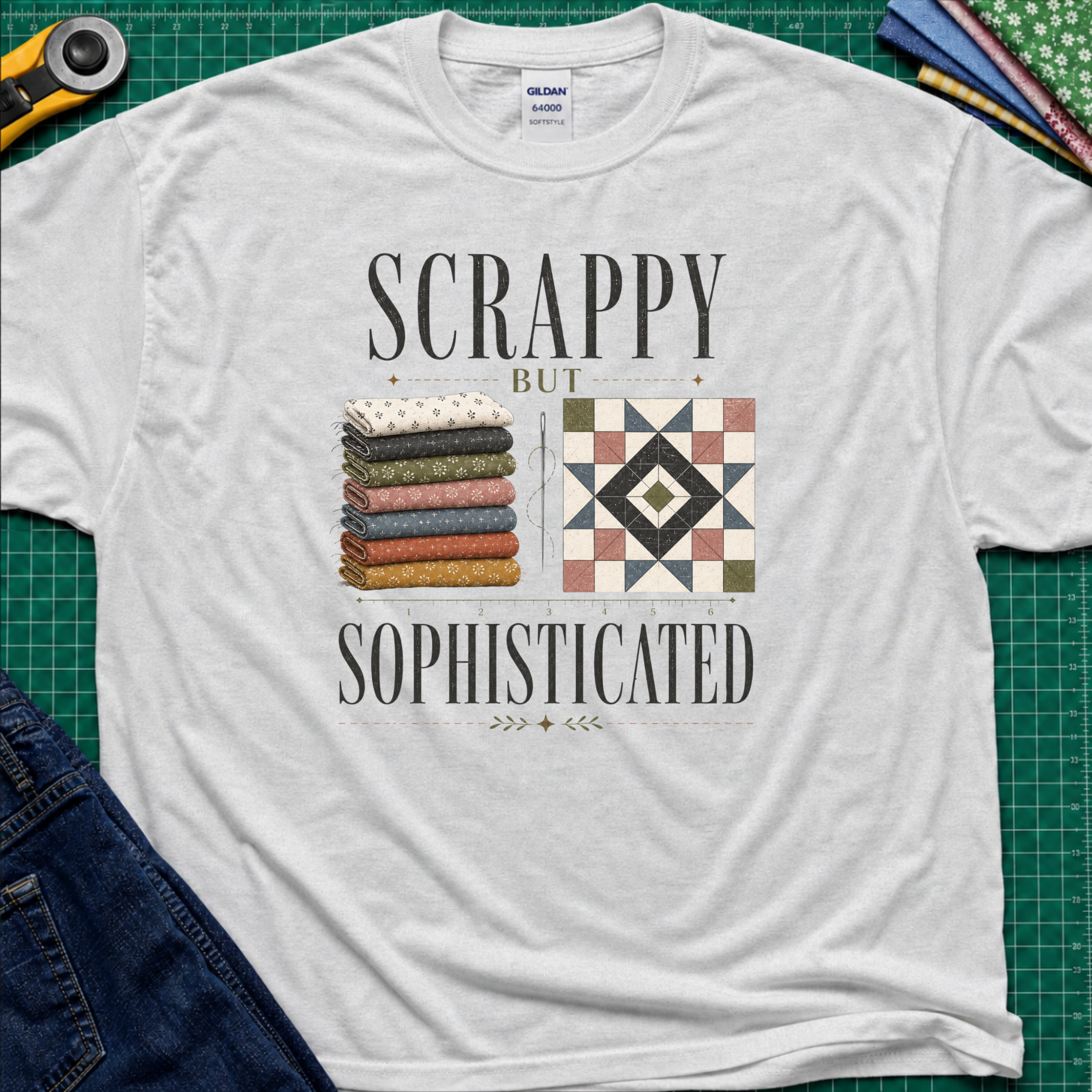 An ice grey Gildan t-shirt with a 'Scrappy But Sophisticated' quilting graphic, laid flat on a green cutting mat with sewing props.