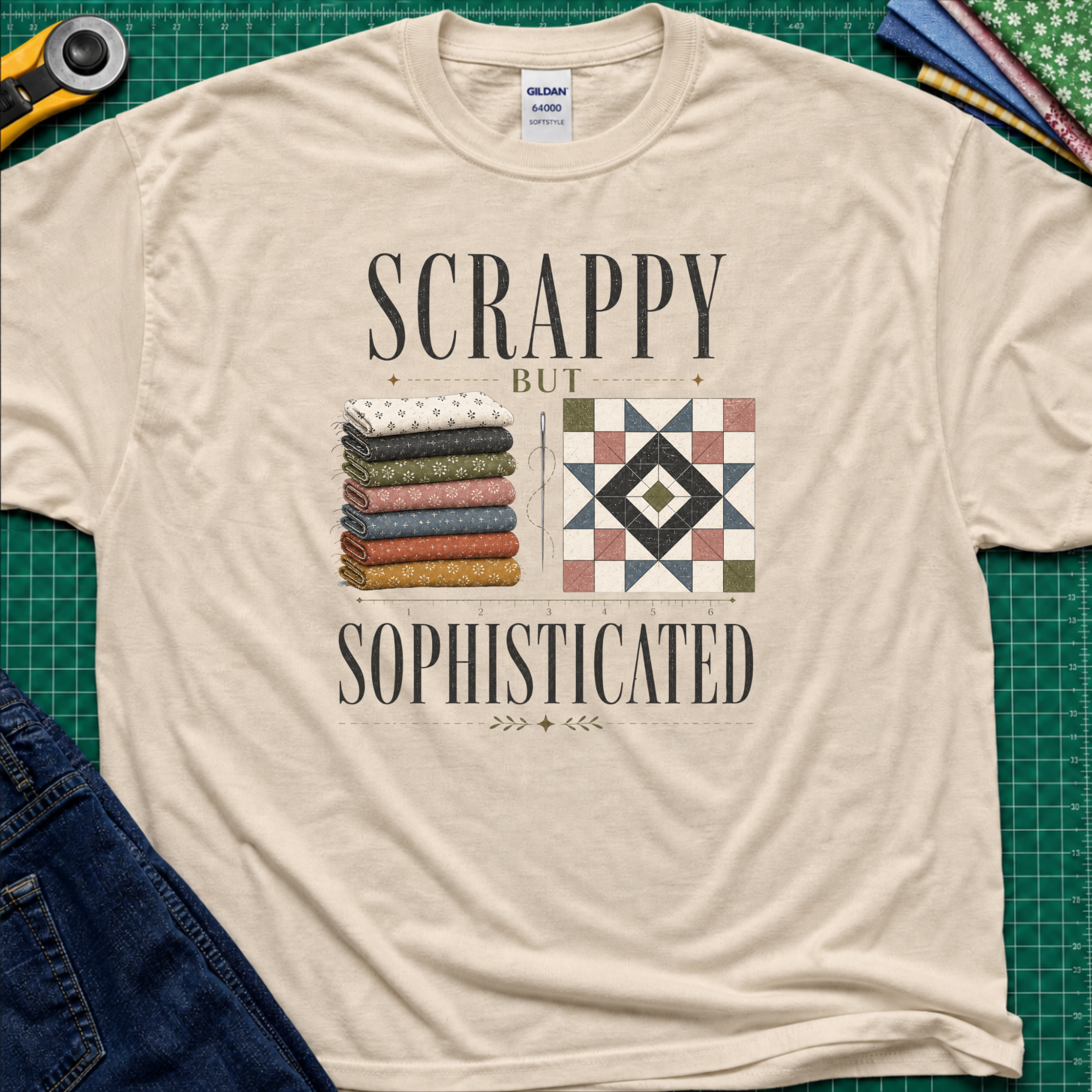 A dark cream Gildan t-shirt with a 'Scrappy But Sophisticated' quilting graphic, laid flat on a green cutting mat with sewing props.