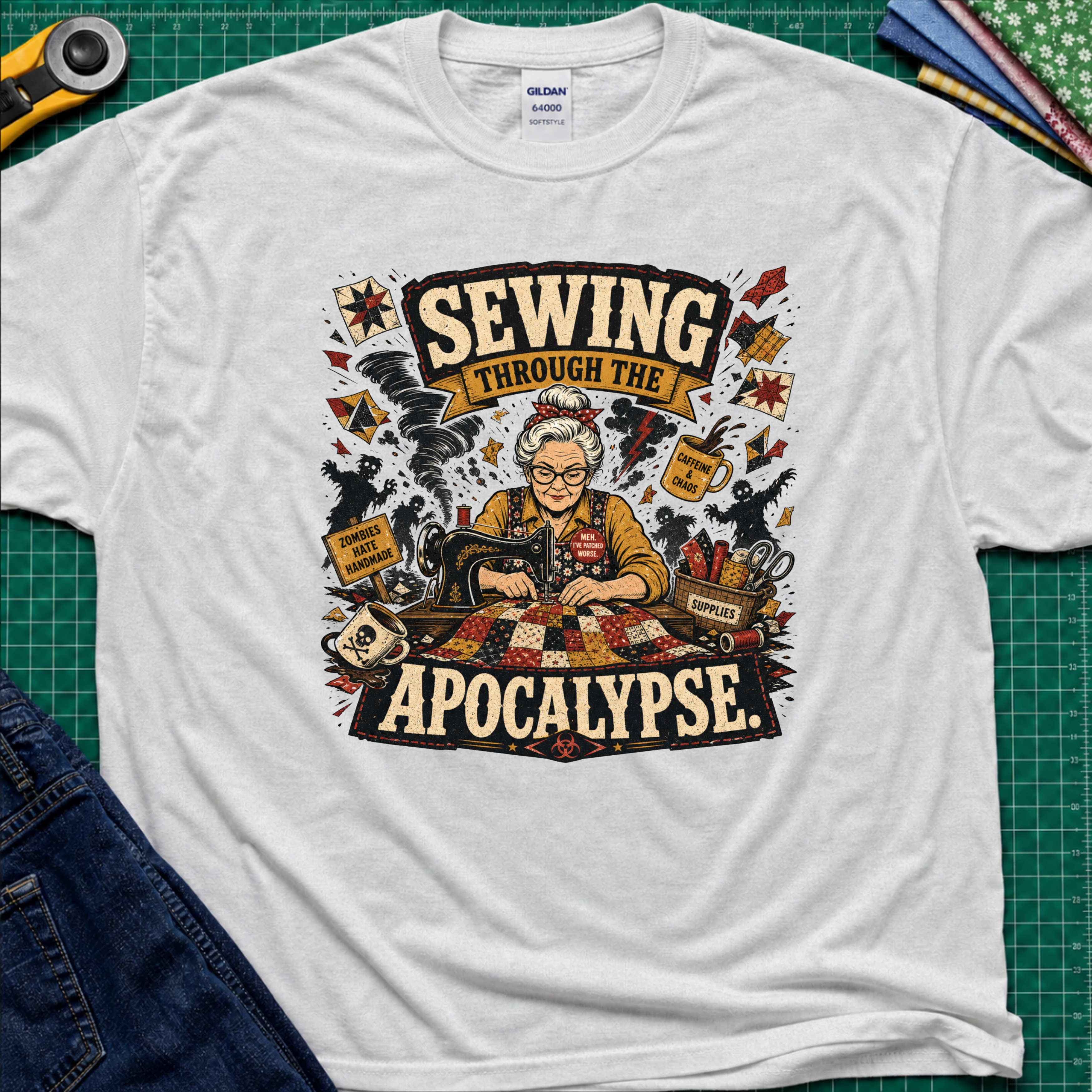 A light grey Gildan t-shirt laid flat on a green cutting mat, featuring a detailed graphic of a woman sewing with the text 'SEWING THROUGH THE APOCALYPSE' and various retro sewing and apocalypse-themed illustrations.
