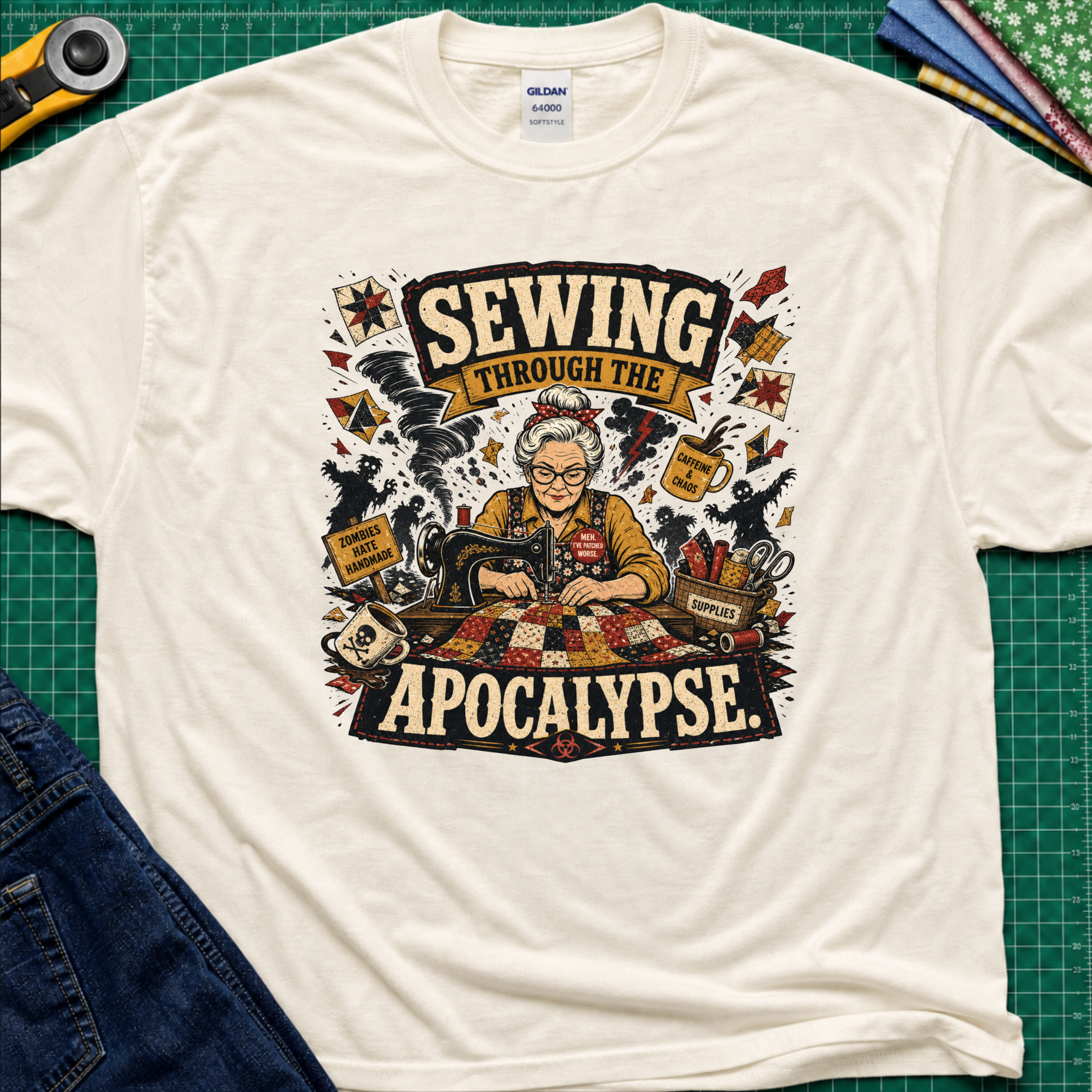 A light cream Gildan t-shirt laid flat on a green cutting mat, featuring a detailed graphic of a woman sewing with the text 'SEWING THROUGH THE APOCALYPSE' and various retro sewing and apocalypse-themed illustrations.