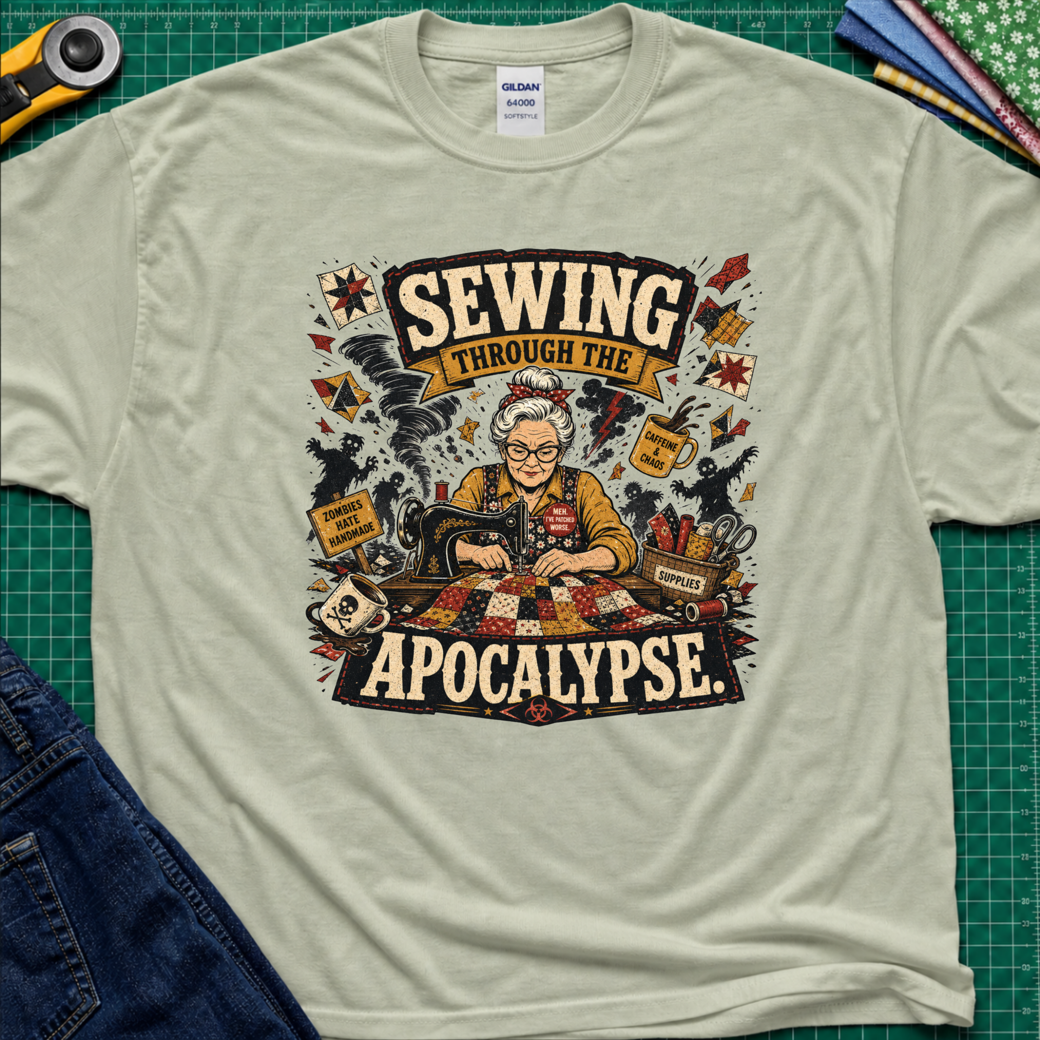 A light sage green Gildan t-shirt laid flat on a green cutting mat, featuring a detailed graphic of a woman sewing with the text 'SEWING THROUGH THE APOCALYPSE' and various retro sewing and apocalypse-themed illustrations.