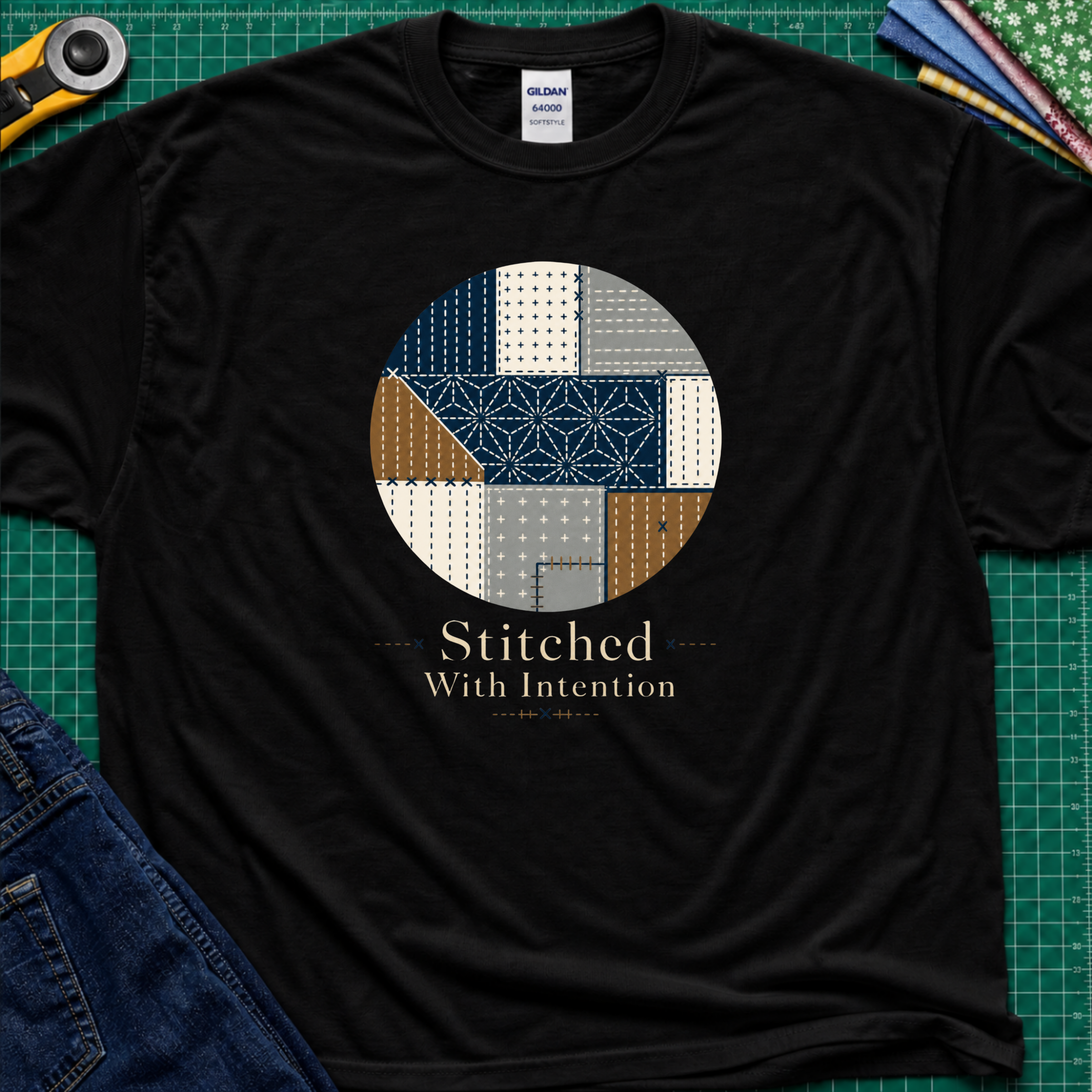 A black Gildan t-shirt featuring a circular sashiko graphic in navy, beige, gray, and brown with the text 'Stitched With Intention' printed below. The shirt lays flat on a green cutting mat with a rotary cutter, fabric stack and blue jeans partially visible in the corners.
