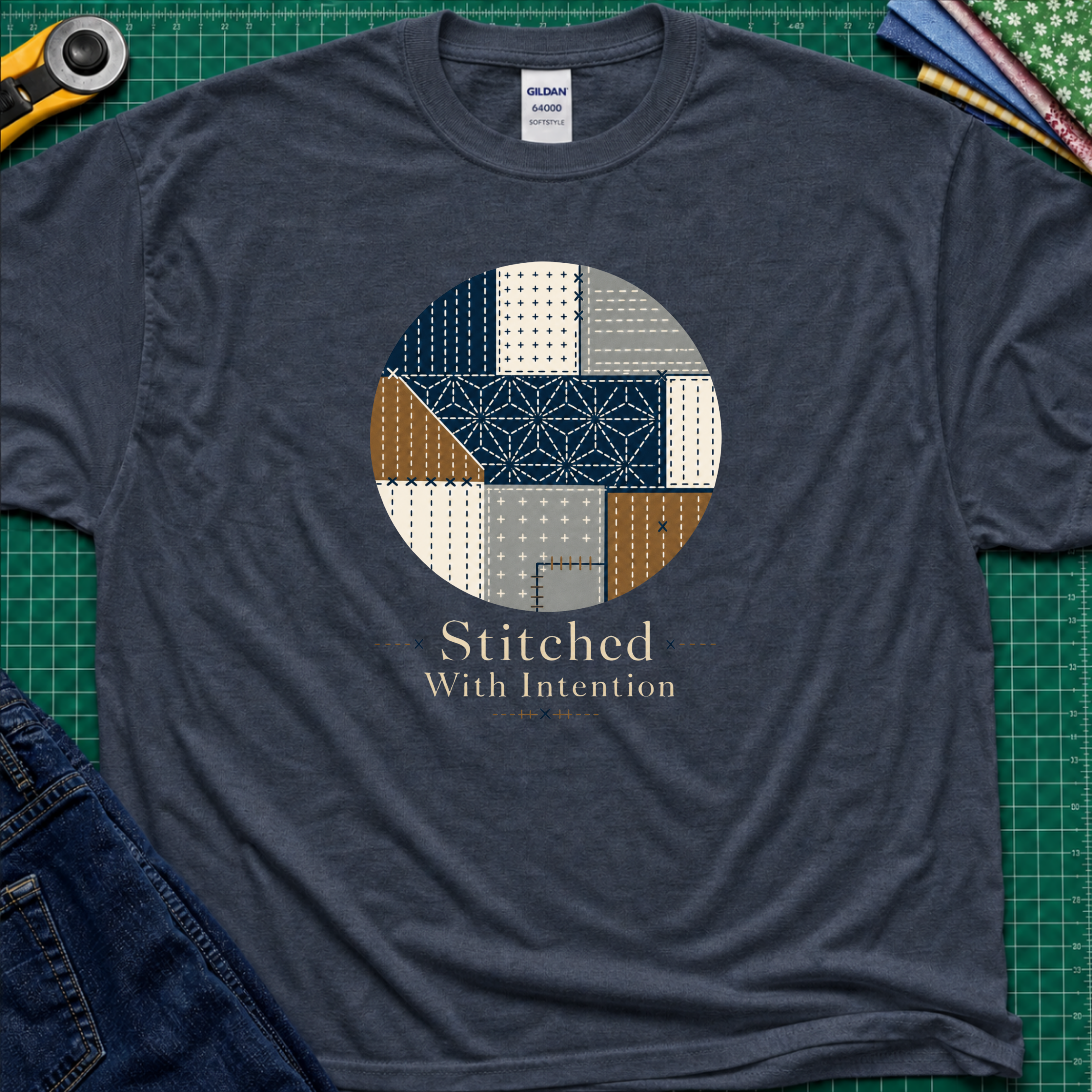 A heather navy blue Gildan t-shirt featuring a circular sashiko graphic in navy, beige, gray, and brown with the text 'Stitched With Intention' printed below. The shirt lays flat on a green cutting mat with a rotary cutter, fabric stack and blue jeans partially visible in the corners.